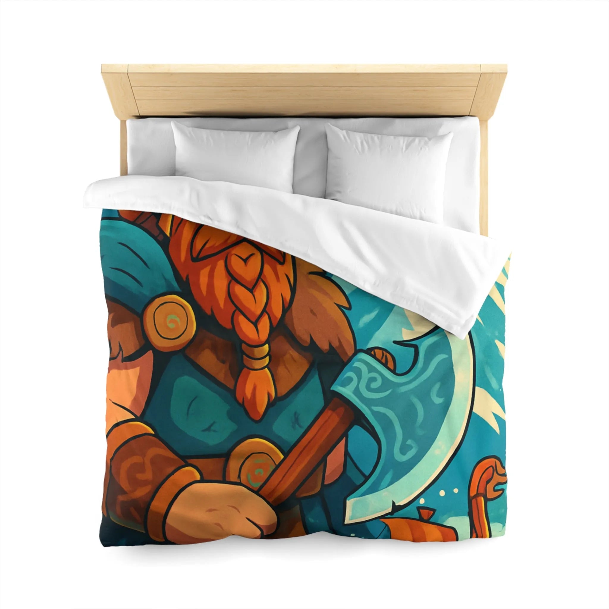 Housse de couette avec Viking, hache nordique, montagnes enneigées et runes anciennes