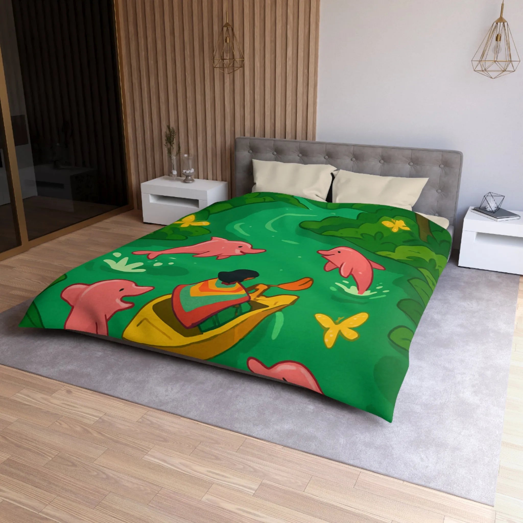 Housse de couette colorée avec dauphins roses et canoë dans une forêt tropicale