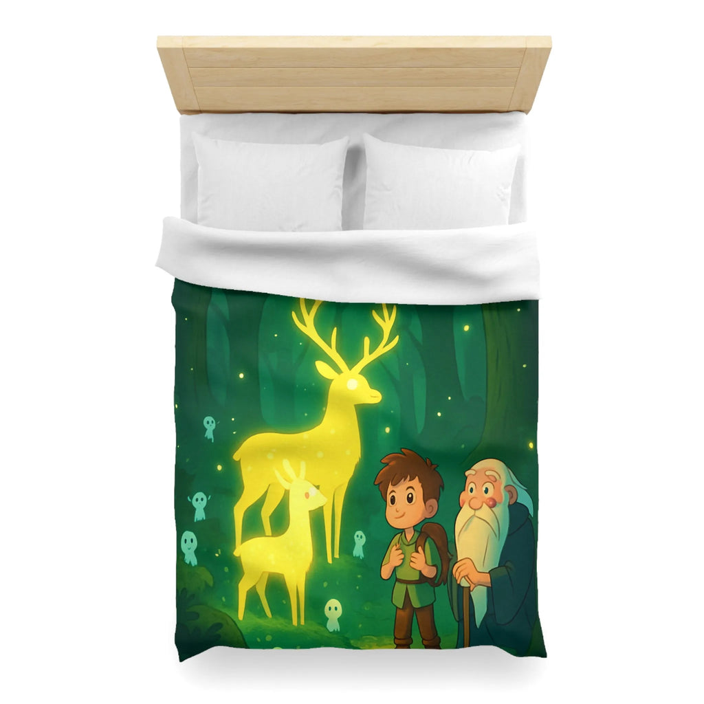 Housse de couette féerique avec cerfs lumineux et personnages dans une forêt enchantée