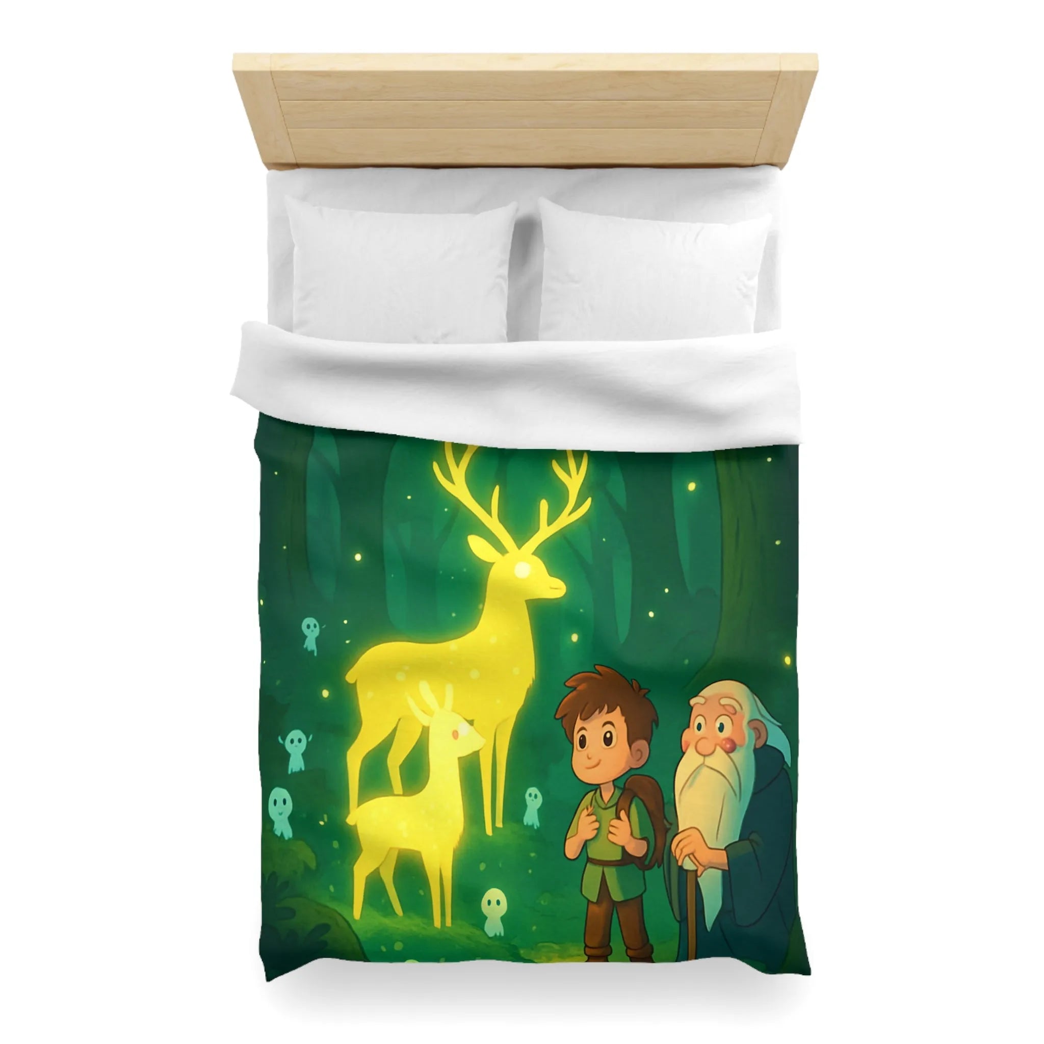 Housse de couette féerique avec cerfs lumineux et personnages dans une forêt enchantée