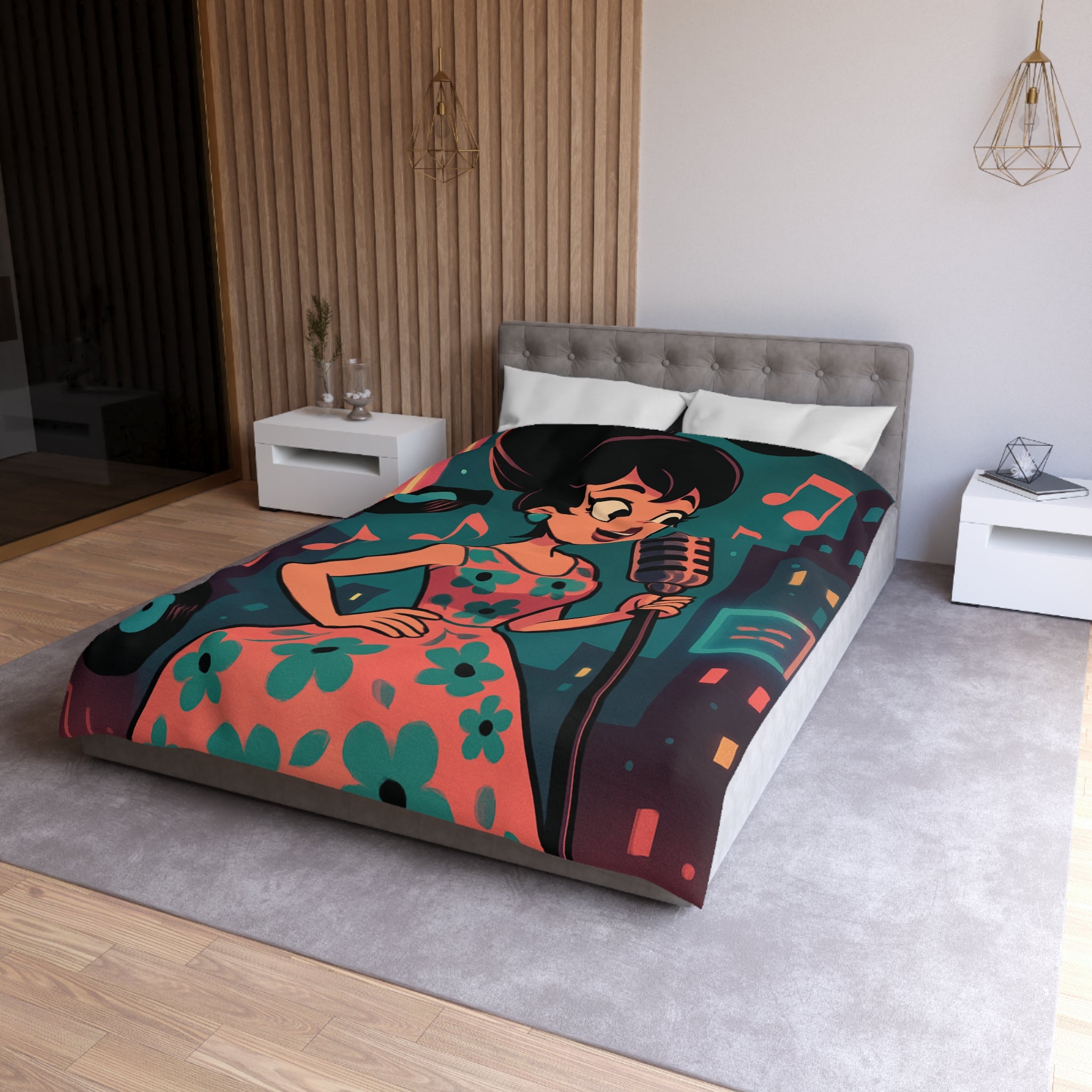 Housse de Couette Vintage Femme en Robe à Fleurs Chante Microphone Musique.