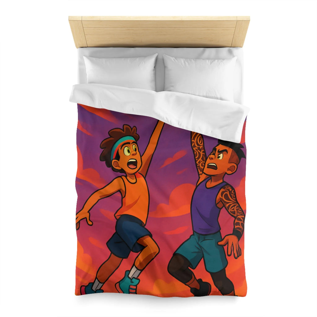 Housse de couette basketball, style dessin animé, coucher de soleil dynamique énergique
