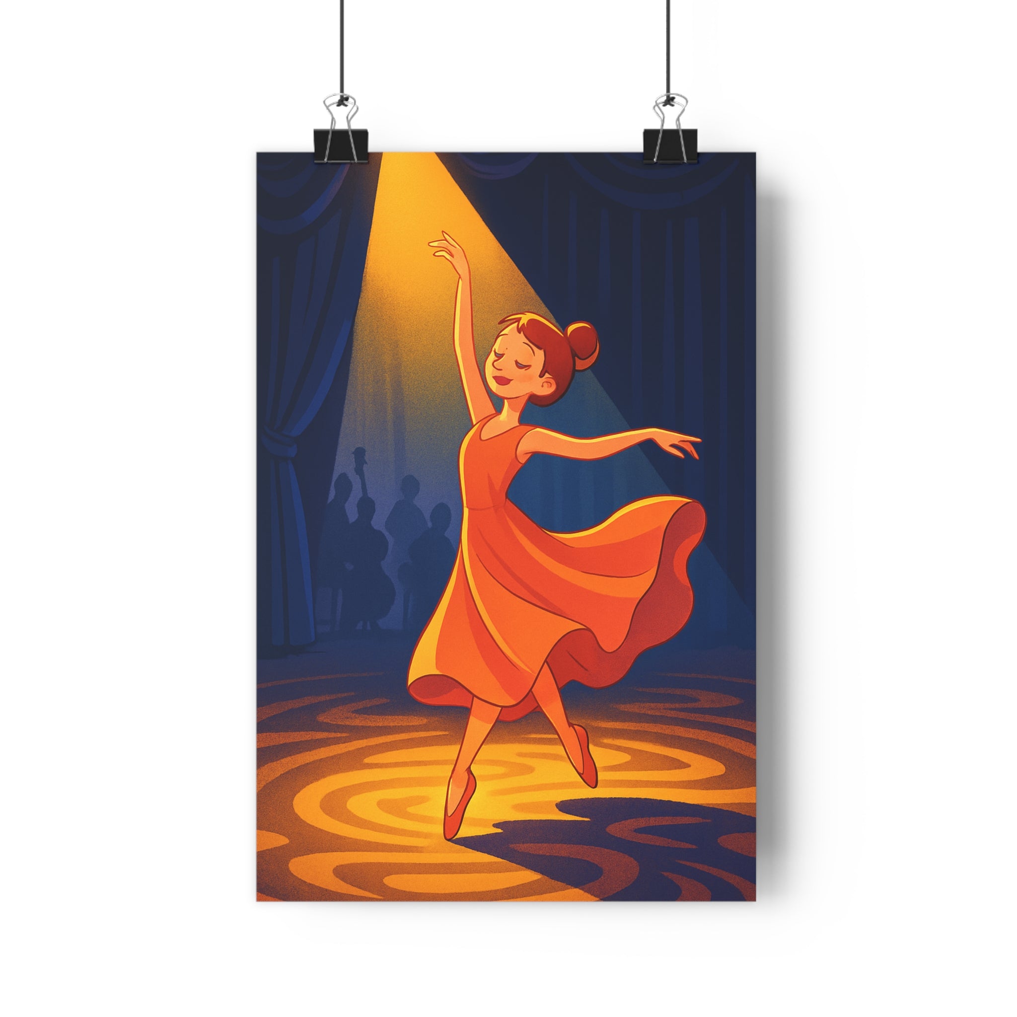 Poster décoratif danseuse lumière dorée scène rétro art déco salon élégant atmosphère sophistiquée qualité