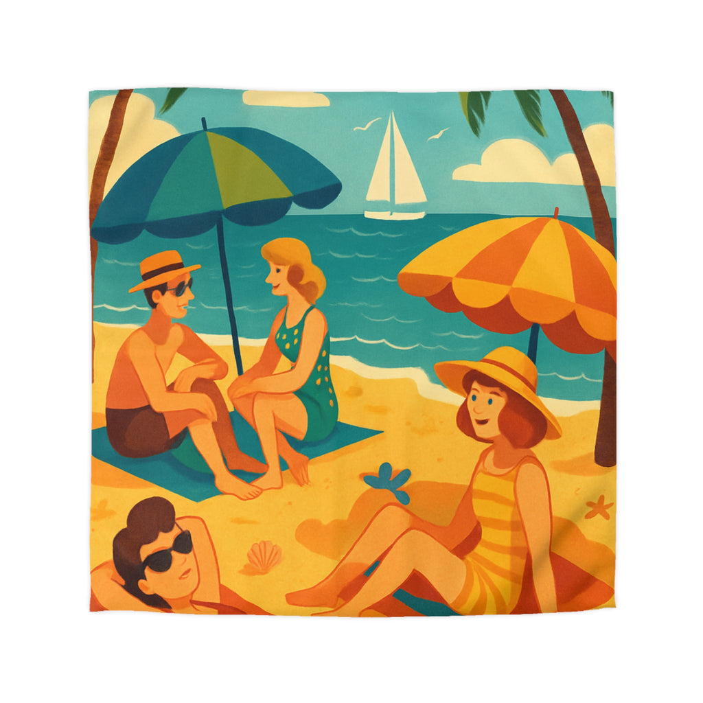 Housse de couette rétro plage colorée avec palmiers, parasols et amis au soleil