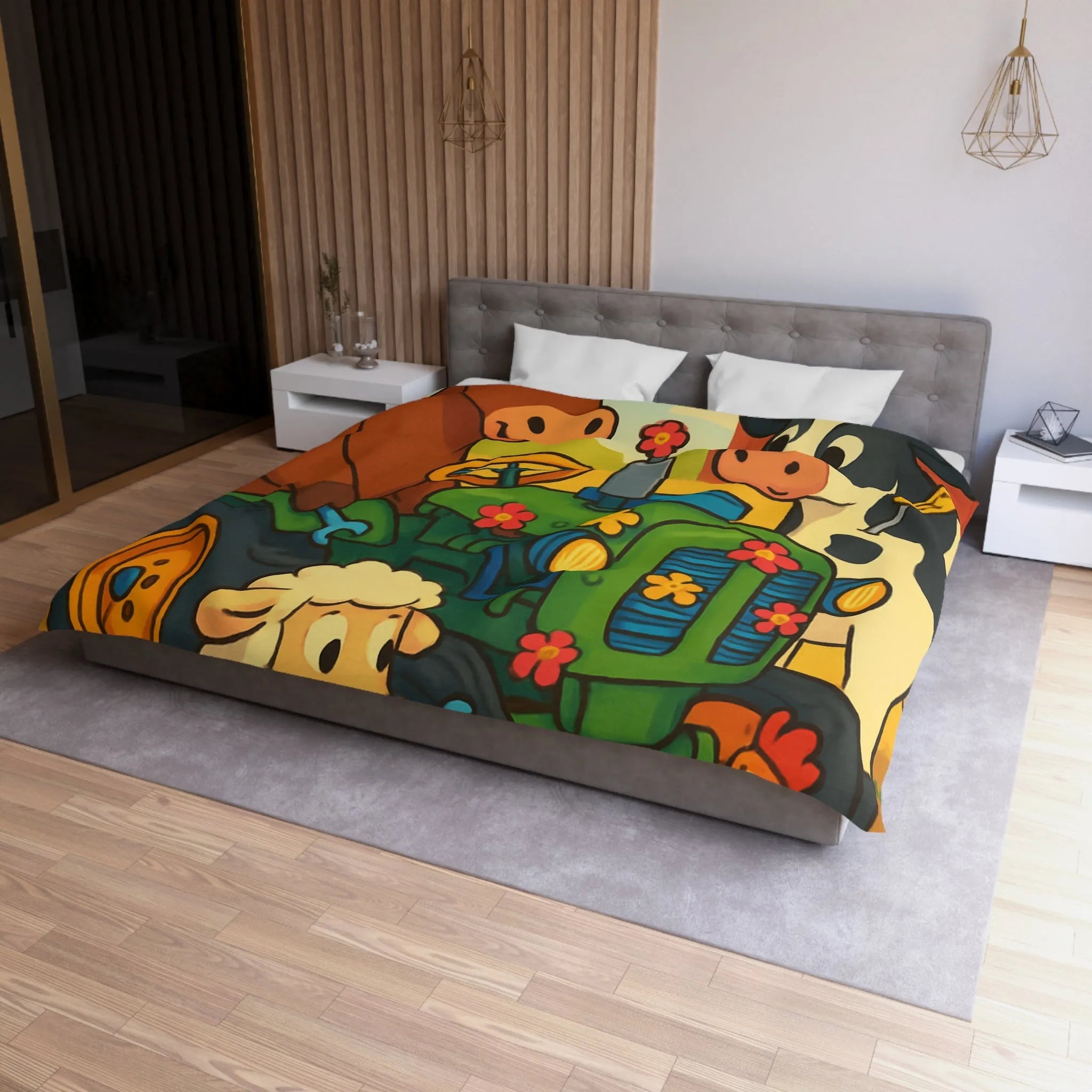 Housse de couette colorée avec animaux amusants à la ferme et tracteur ludique