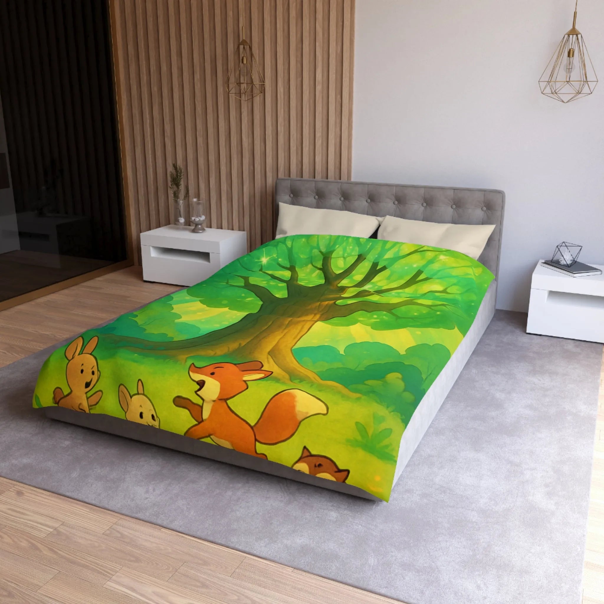 Charmante forêt enchantée avec animaux espiègles sous un majestueux arbre scintillant illustré