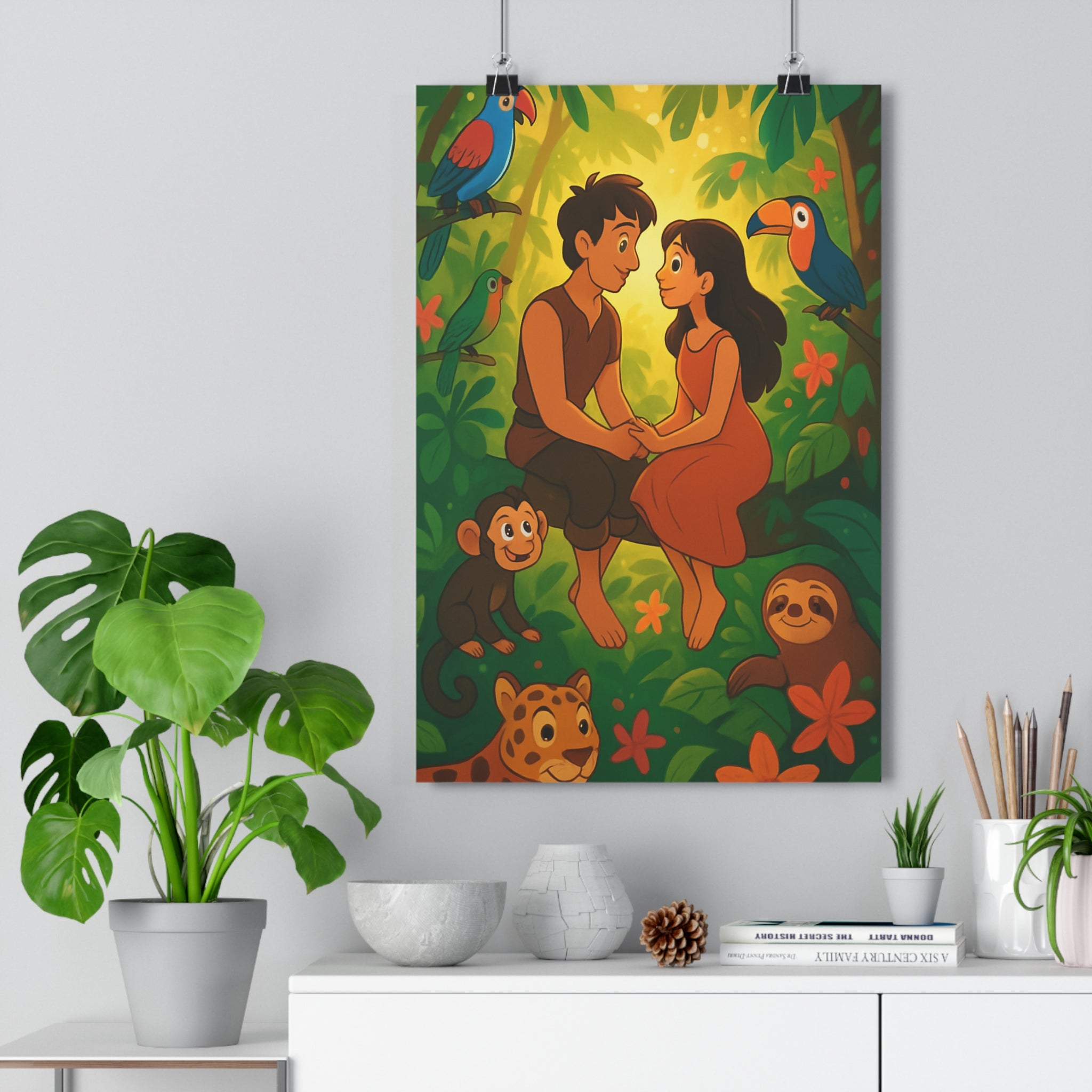 Poster décoratif jungle tropicale vibrant cartoon joyeux salon chambre enfant 30x46 nature exotique qualité