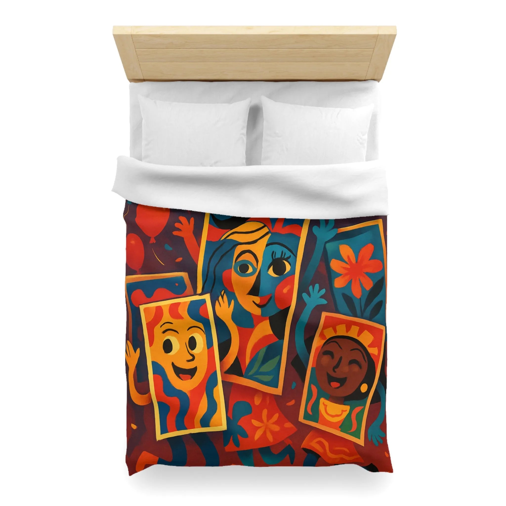 Housse de couette colorée comics avec motifs de fête et personnages joyeux