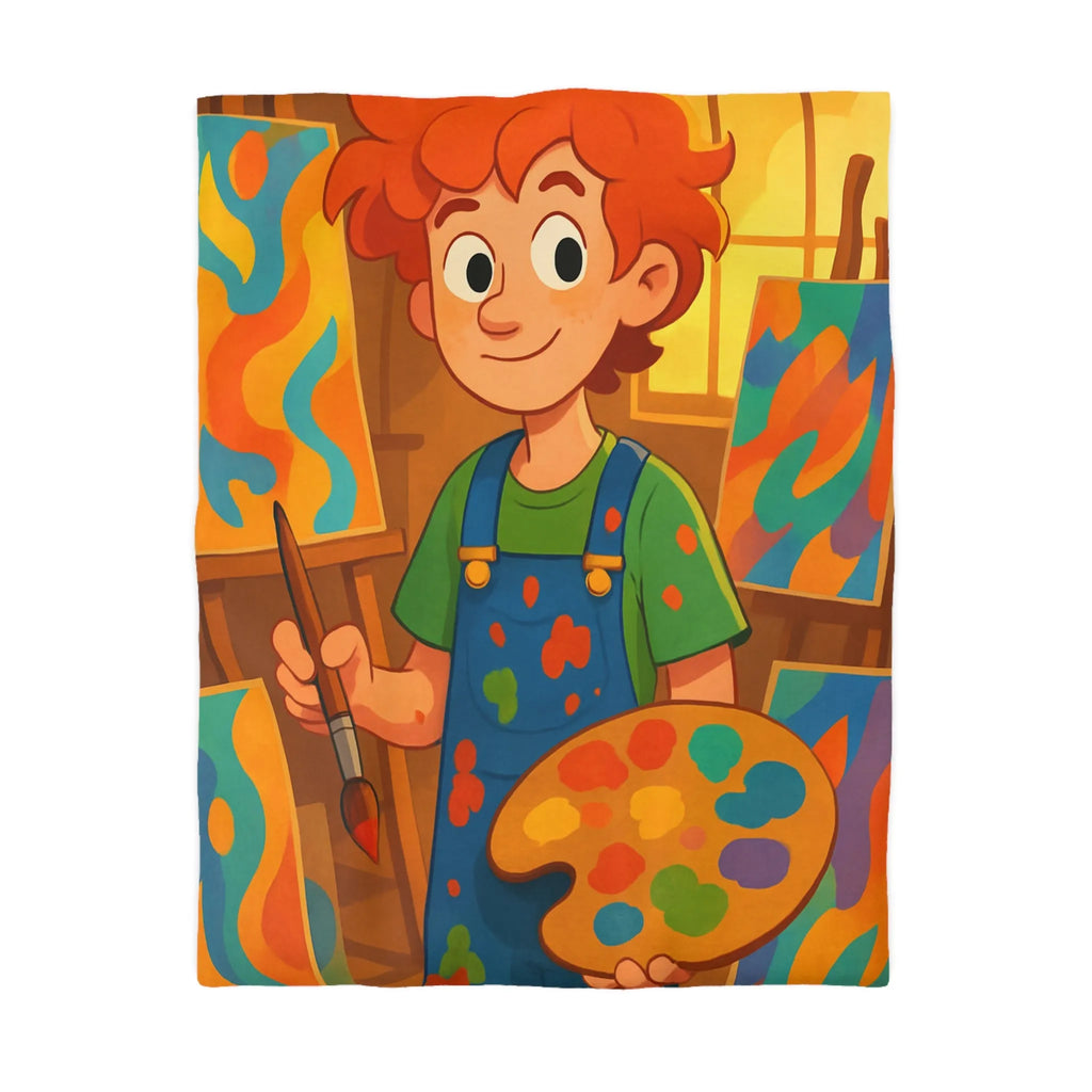 Housse de couette artistique colorée avec jeune peintre joyeux et œuvres vibrantes