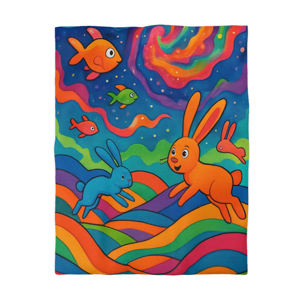 Housse de Couette Arc-en-Ciel avec Lapins et Poissons dans un Monde Imaginaire