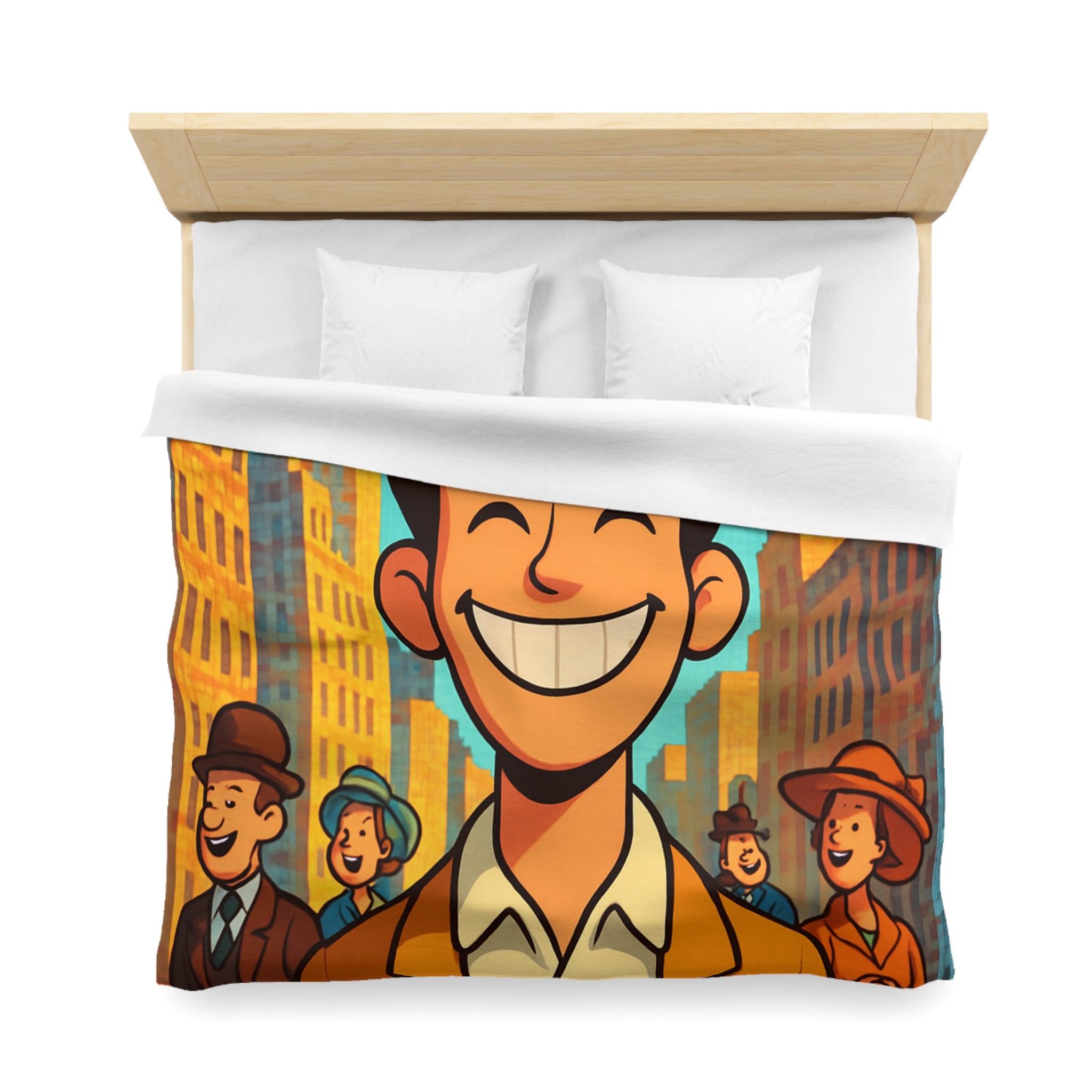 Housse de couette vintage avec personnages souriants et architecture urbaine en arrière-plan
