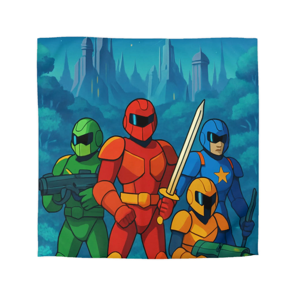 Housse de couette futuriste illustrant héros en armure dans forêt de science-fiction