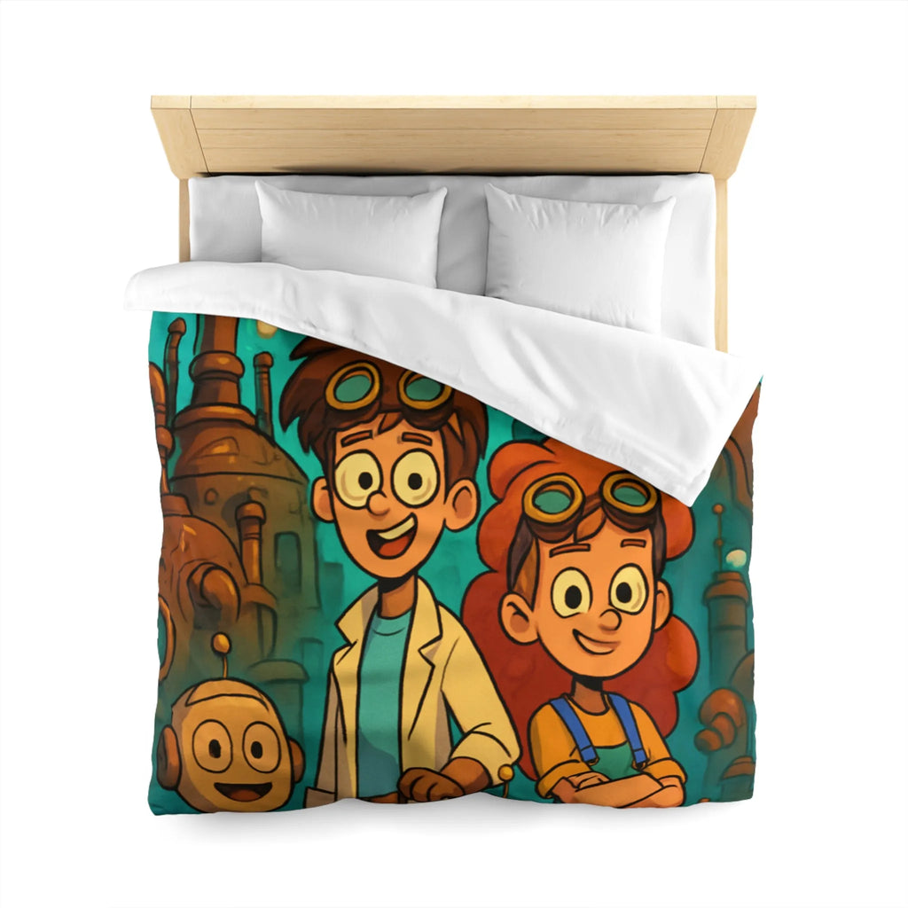 Exploration robotique en atelier steampunk coloré avec jeunes inventeurs et machines futuristes