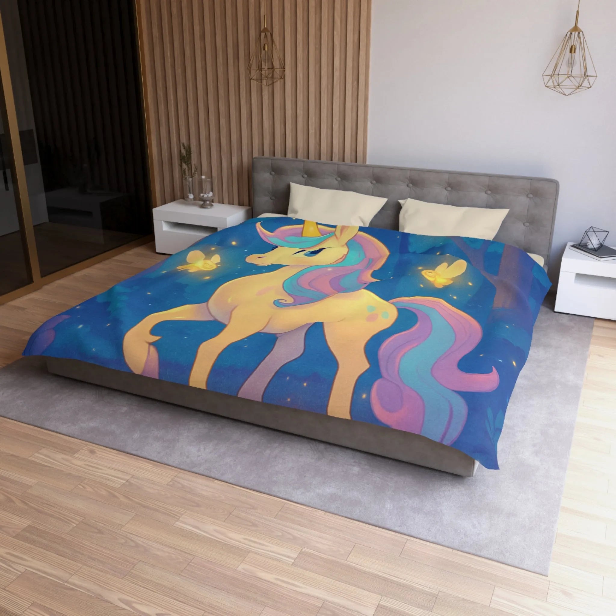Housse de couette avec licorne féerique et lucioles dans une forêt enchantée