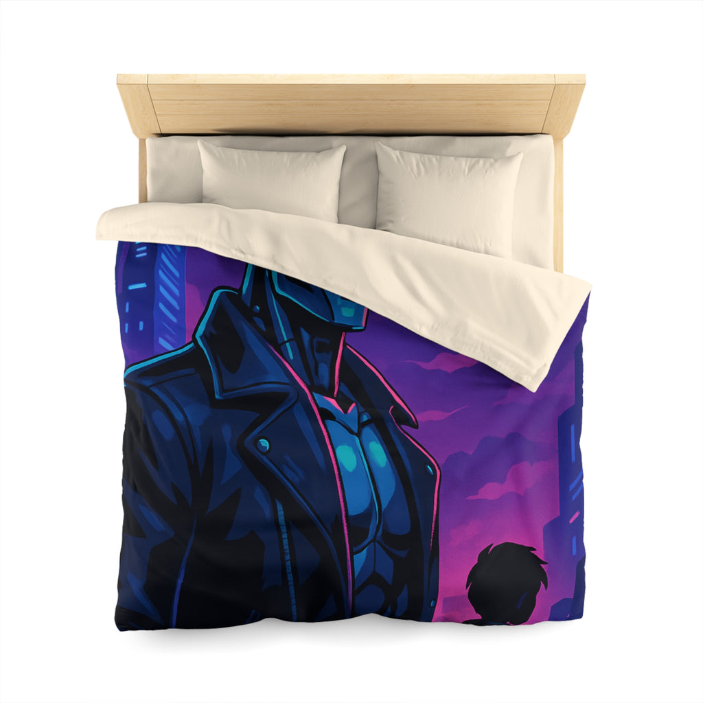 Housse de couette style néon avec robot futuriste et drones en ville de nuit