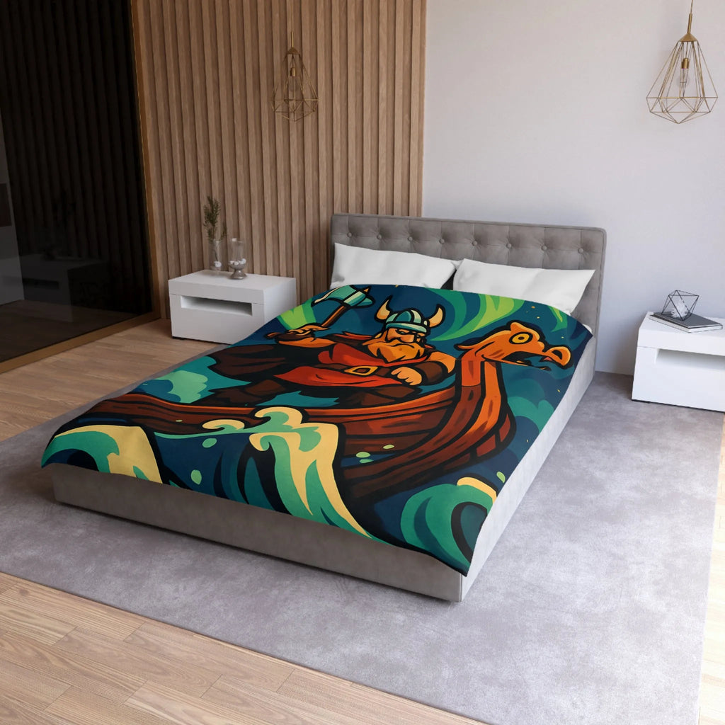 Housse de couette illustrée avec guerrier viking sur drakkar et aurores boréales