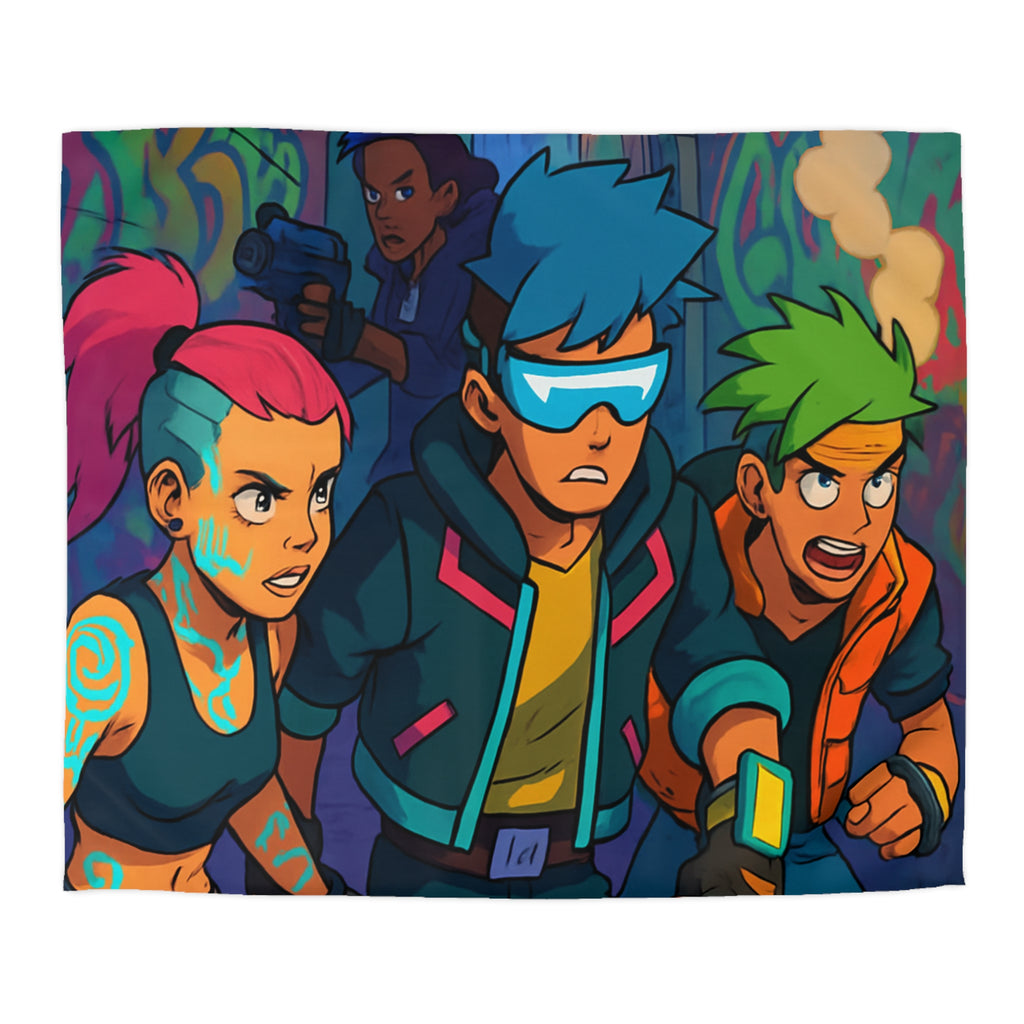 Housse de couette néon rétro avec personnages futuristes dans ruelle urbaine animée