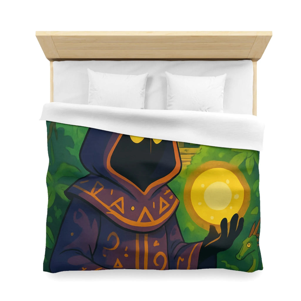 Housse de couette ambiance mystique avec mage sombre dans jungle énigmatique et temple ancien