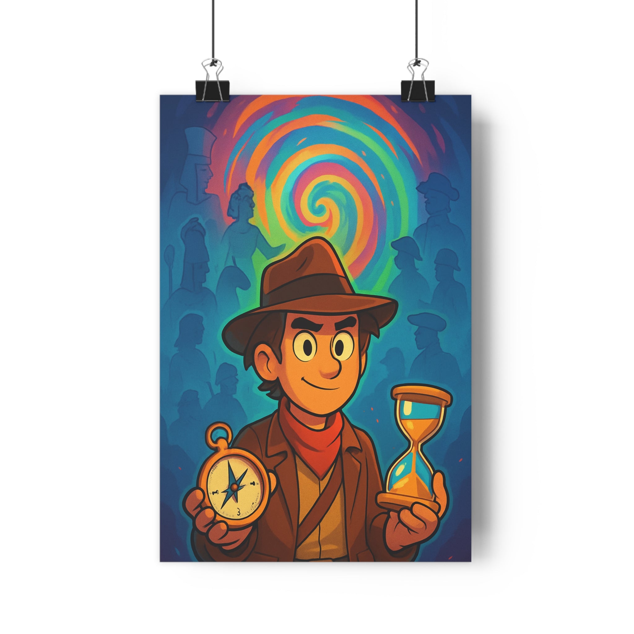 Poster décoratif aventure voyageur temporel sablier boussole bleu orange vert mystique chambre salon bureau