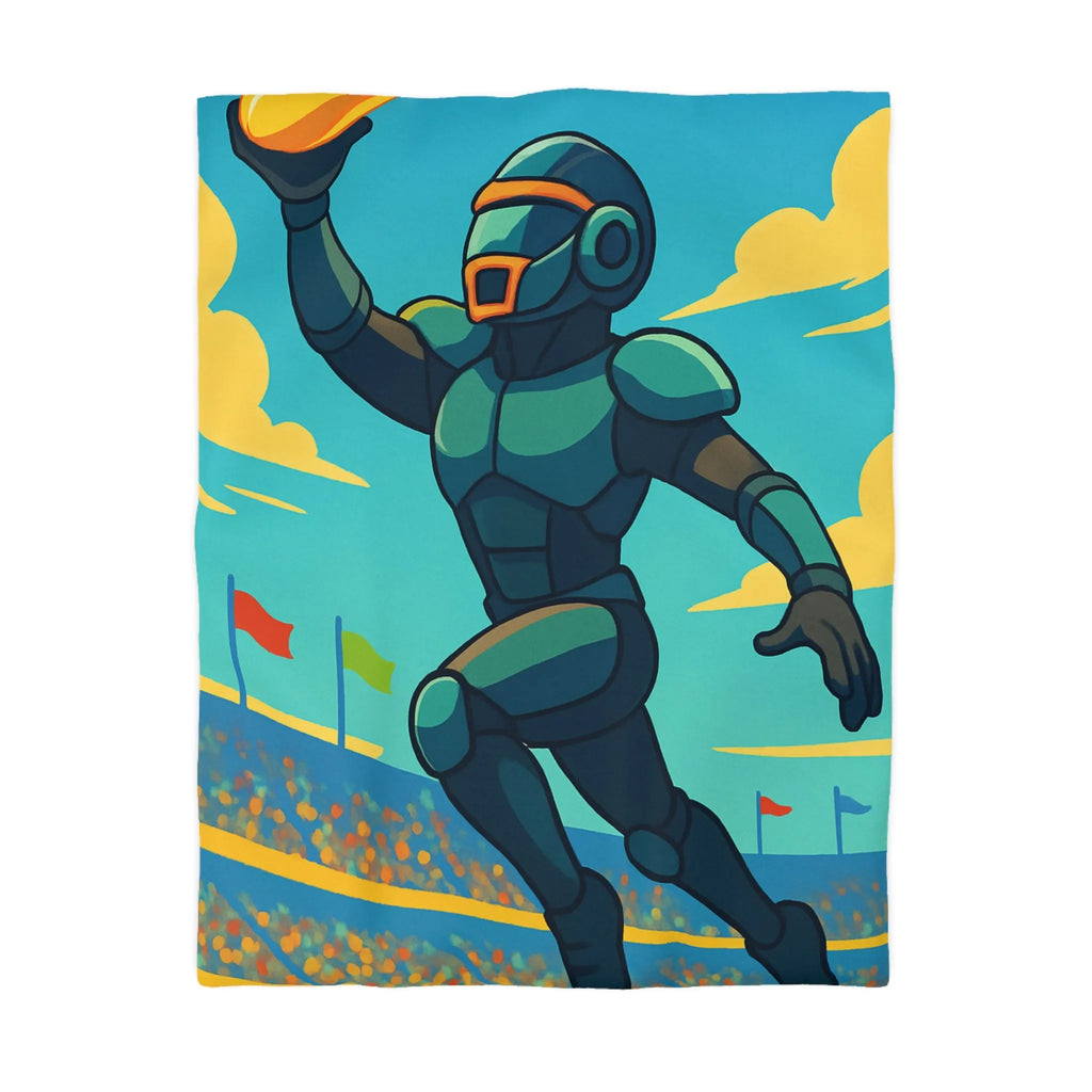 Housse de couette futuriste : robot athlétique attrapant un disque sur fond de ciel vibrant