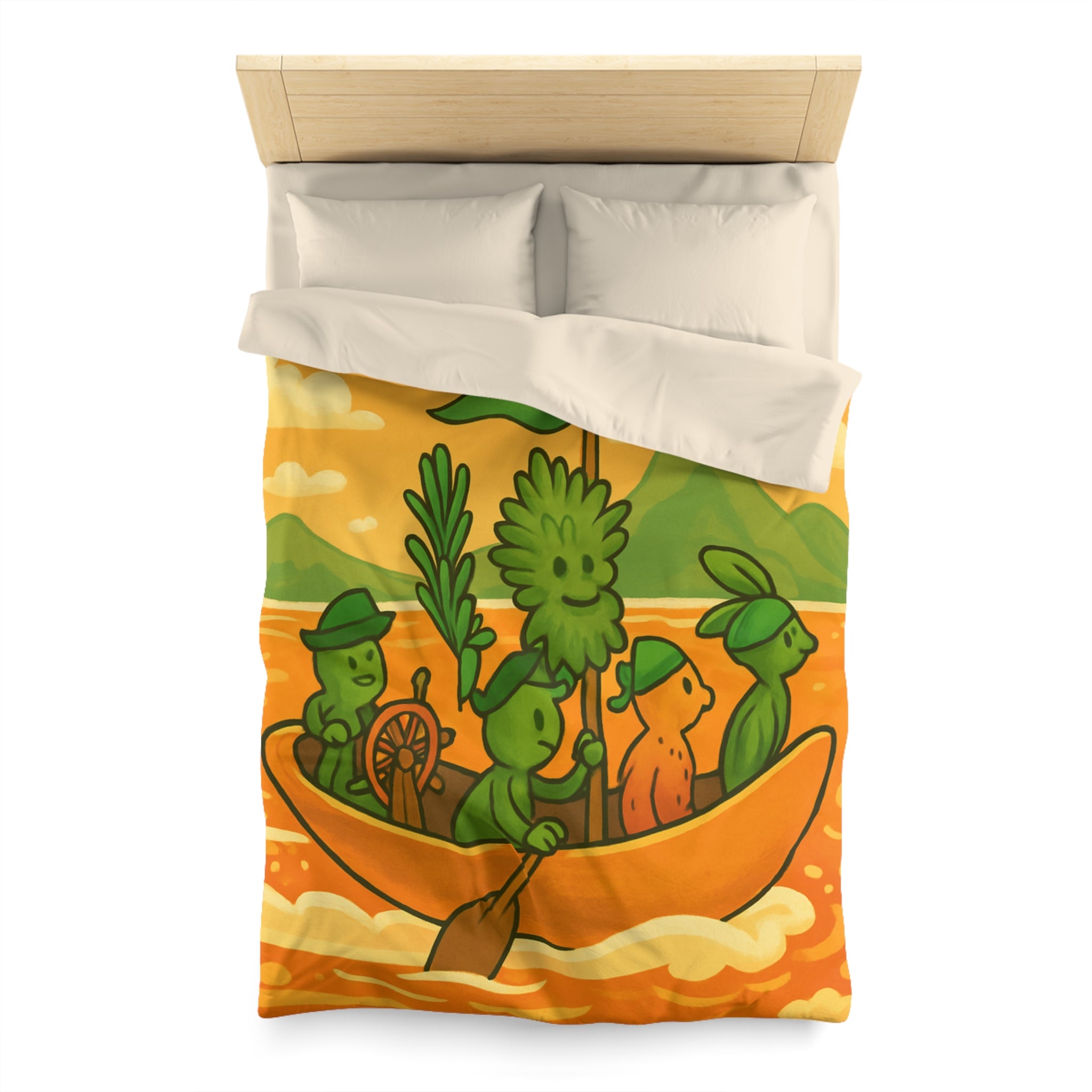 Housse de couette originale avec personnages verts naviguant sur mer orangée ludique
