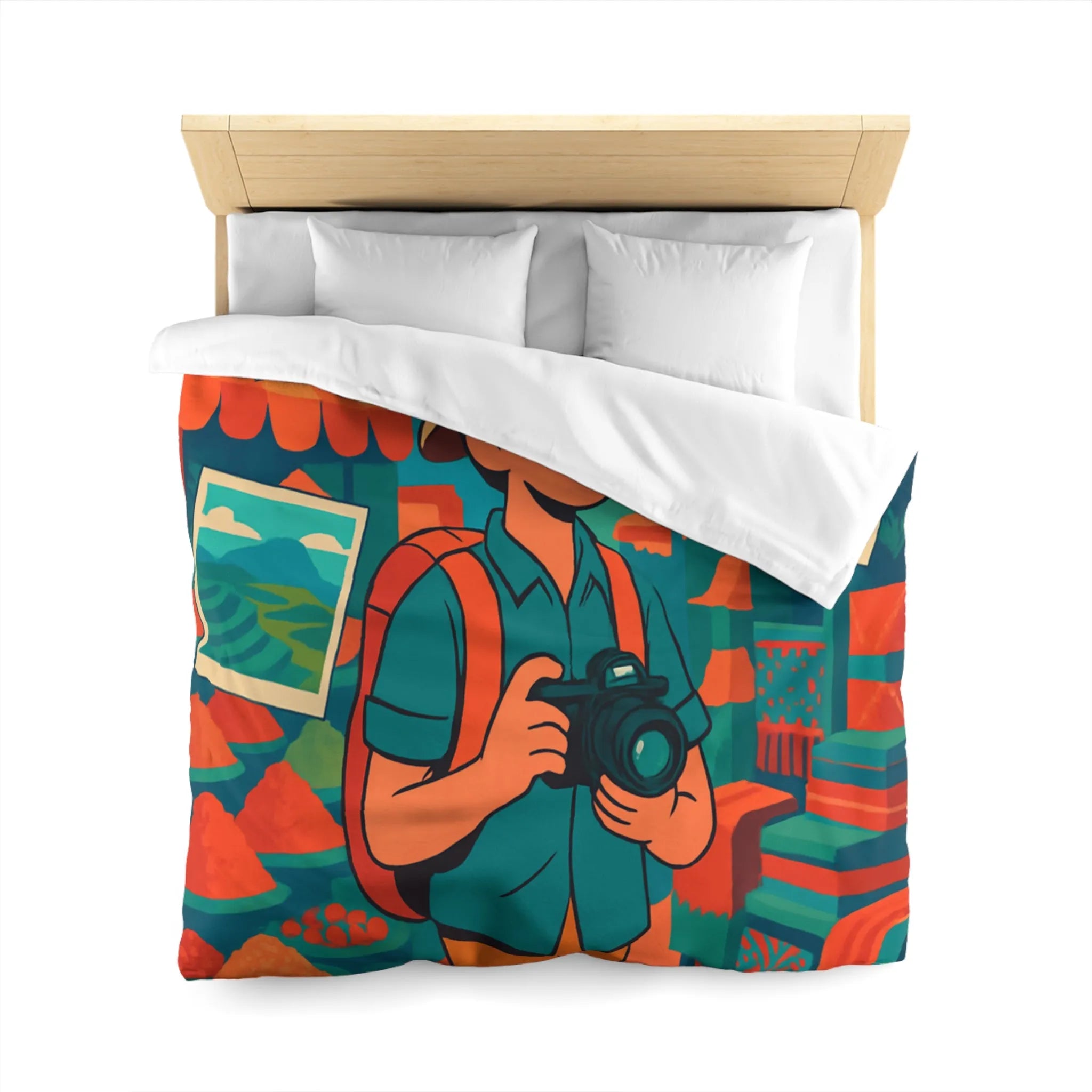 Housse de Couette Colorée avec Voyageur Photographiant un Marché Animé et Vibrant