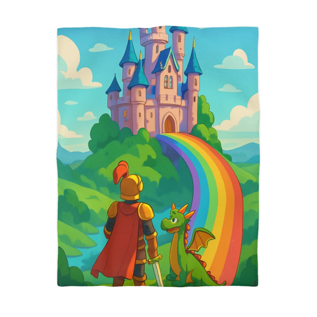 Housse de couette féérique avec chevalier, dragon et château sur arc-en-ciel magique
