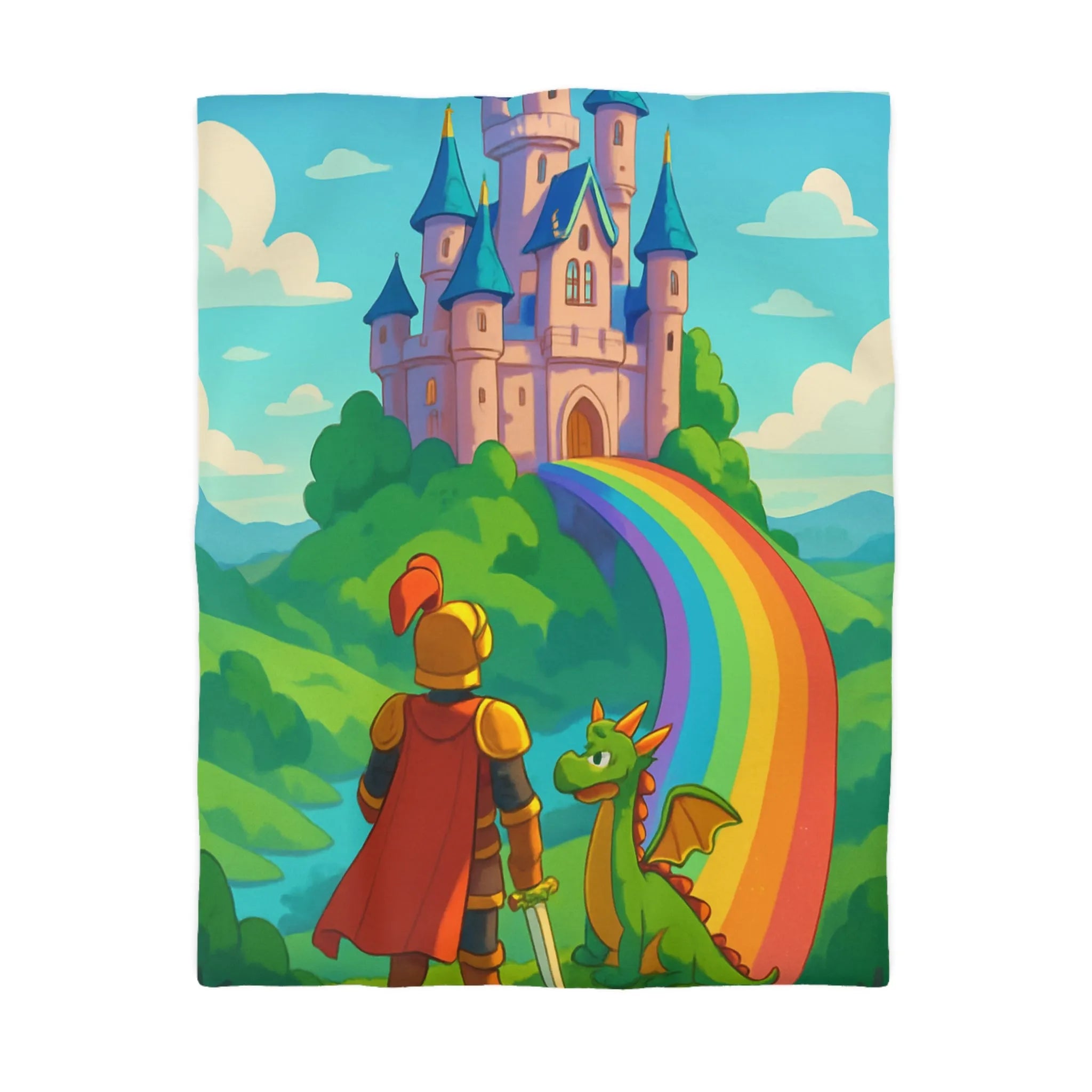 Housse de couette féérique avec chevalier, dragon et château sur arc-en-ciel magique