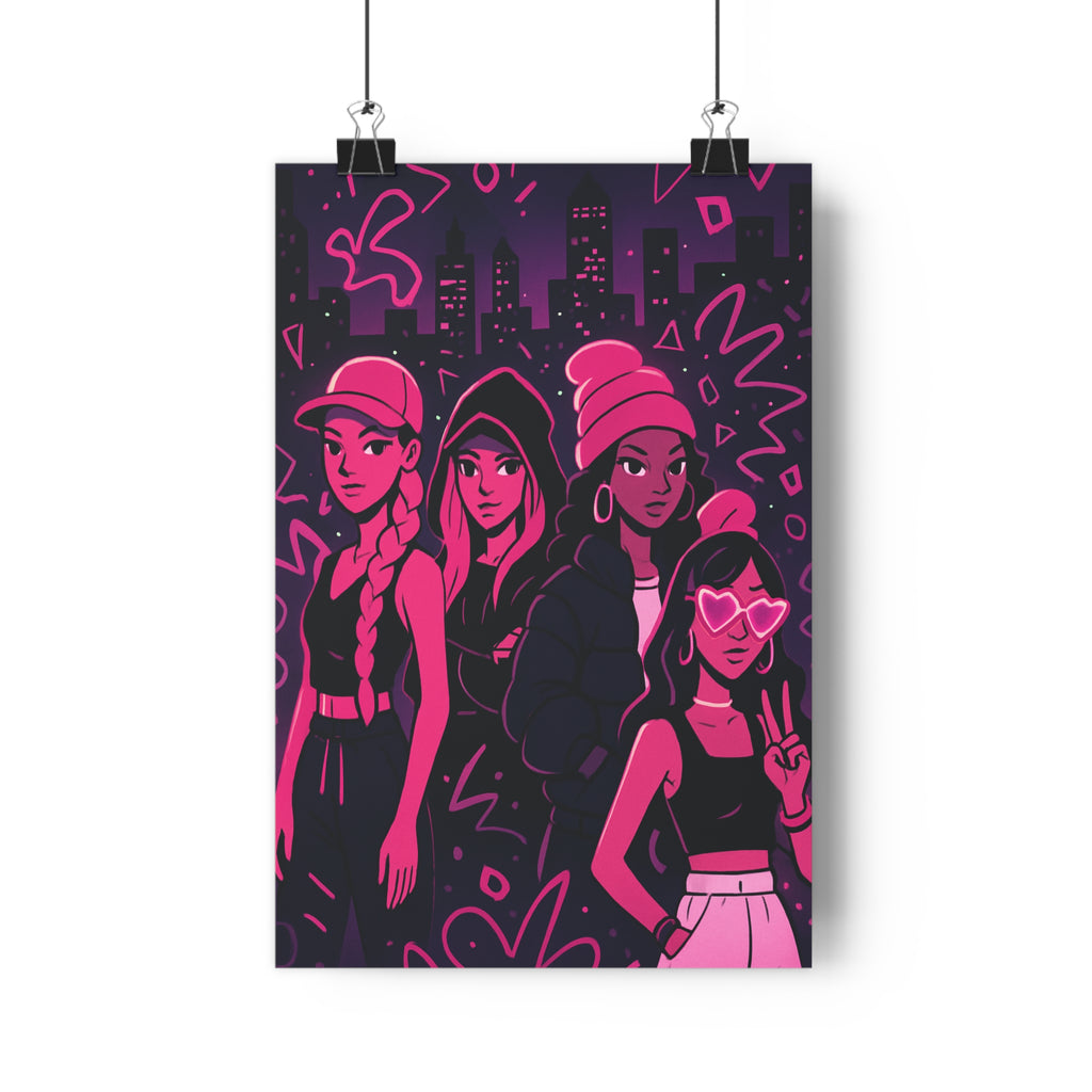 Poster décoratif noir rose cartoon urbain moderne femmes ville dynamique bureau salon contemporain qualité