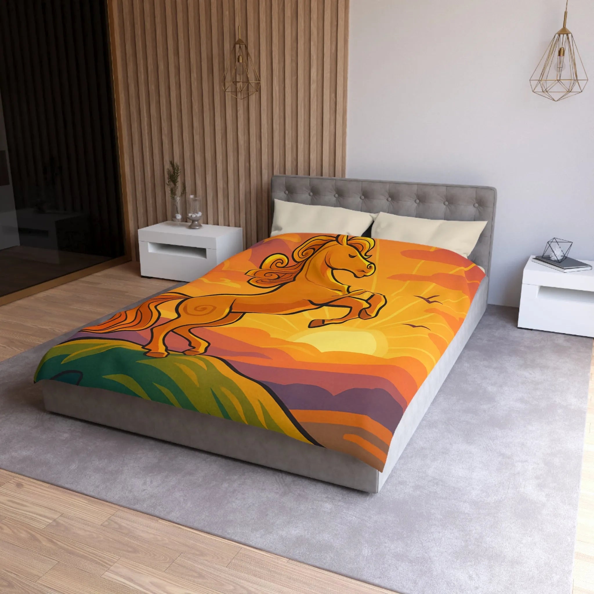 Housse de Couette Équestre Colorée : Cheval Cabré au Coucher de Soleil Artistique