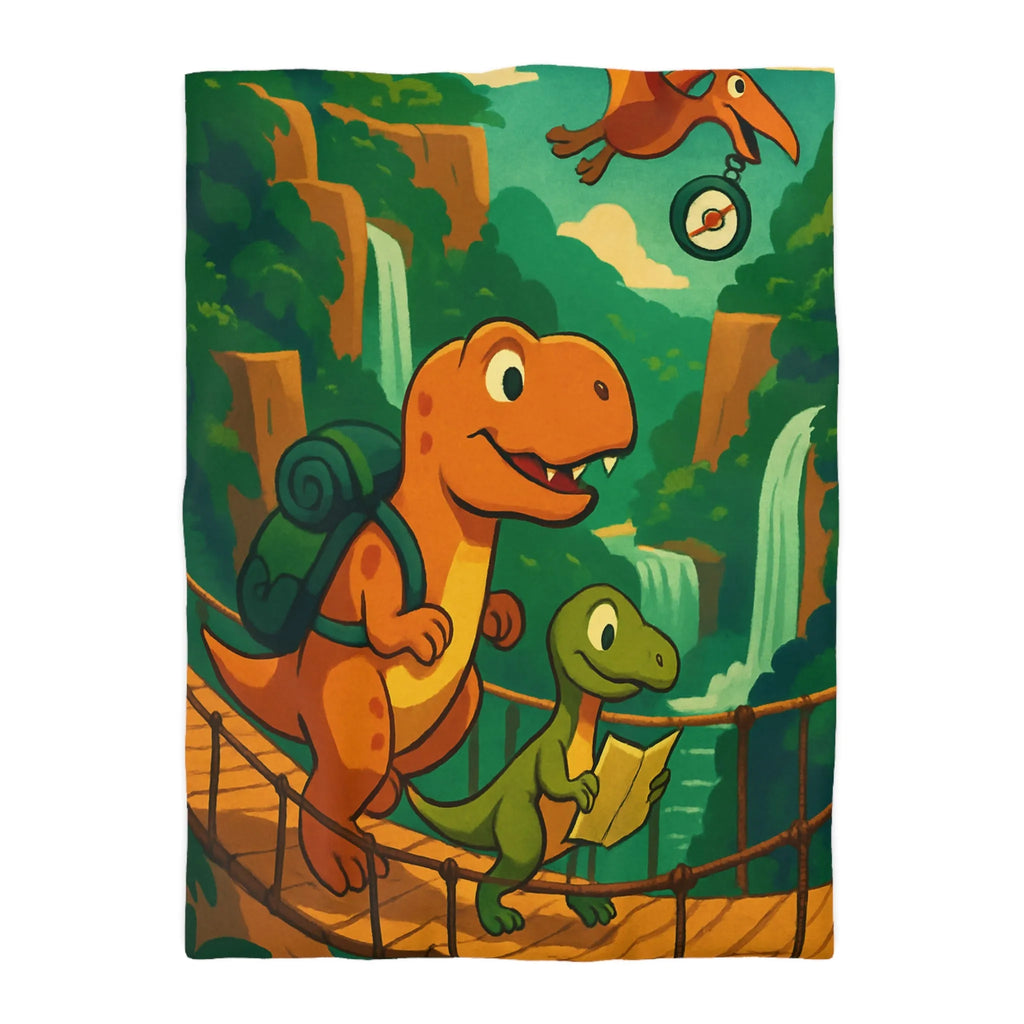 Housse de couette avec dinosaures explorateurs sur pont suspendu dans jungle luxuriante
