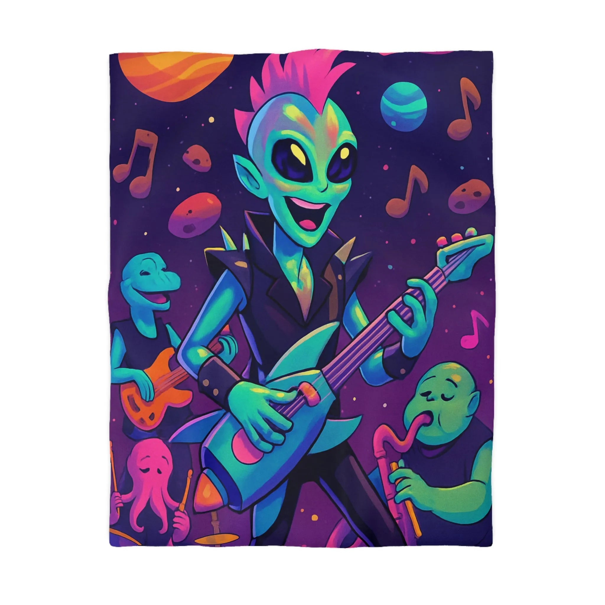 Housse de couette avec extraterrestre jouant de la guitare sous des planètes colorées