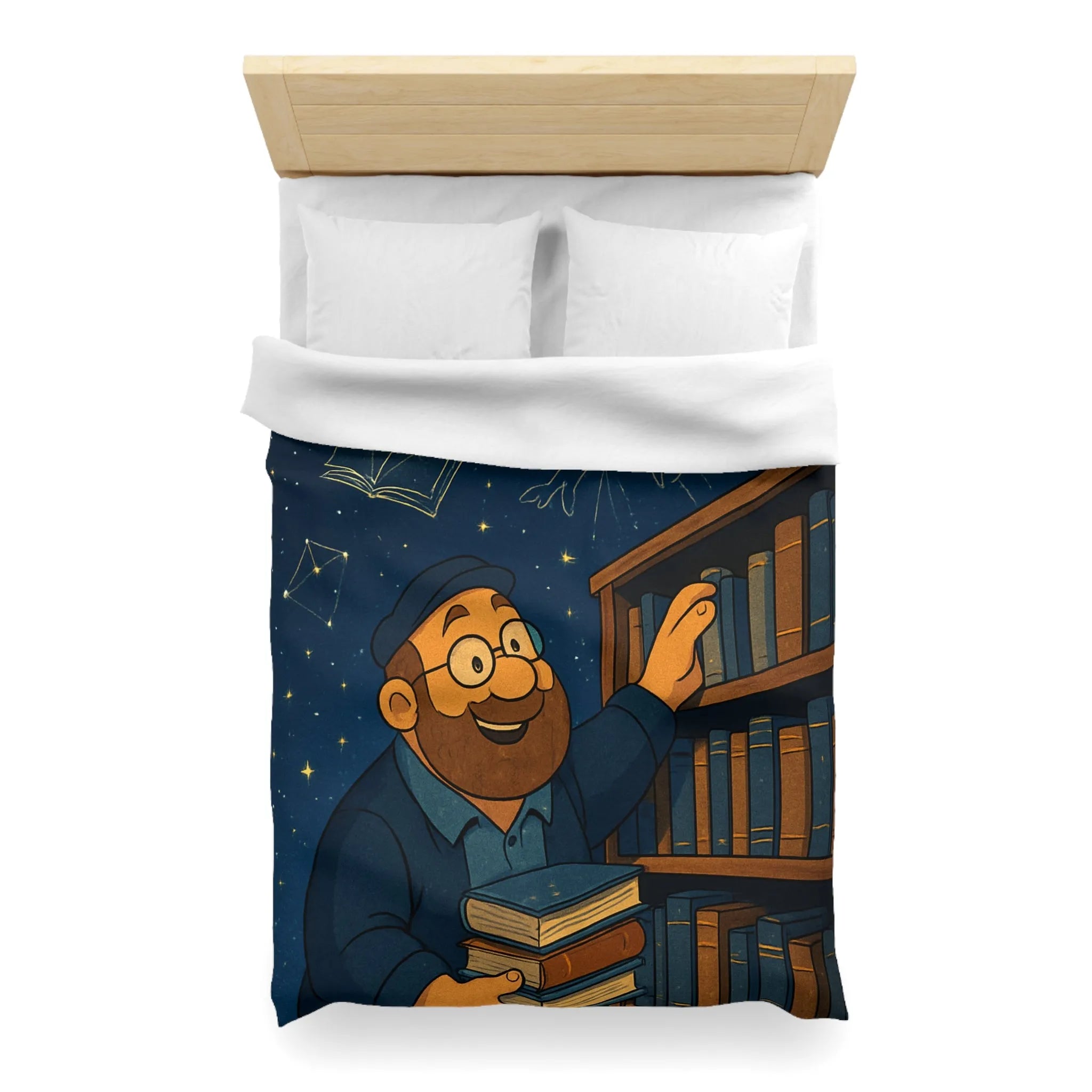 Housse de couette magique avec bibliothécaire sous ciel étoilé et livres animés