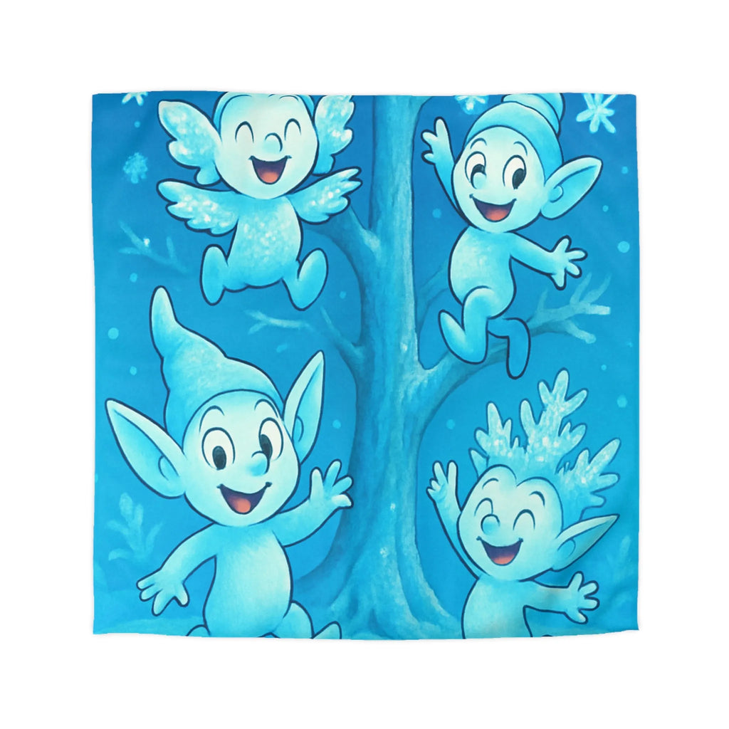 Housse de couette féerique avec lutins bleus dans forêt enchantée hivernale et magique