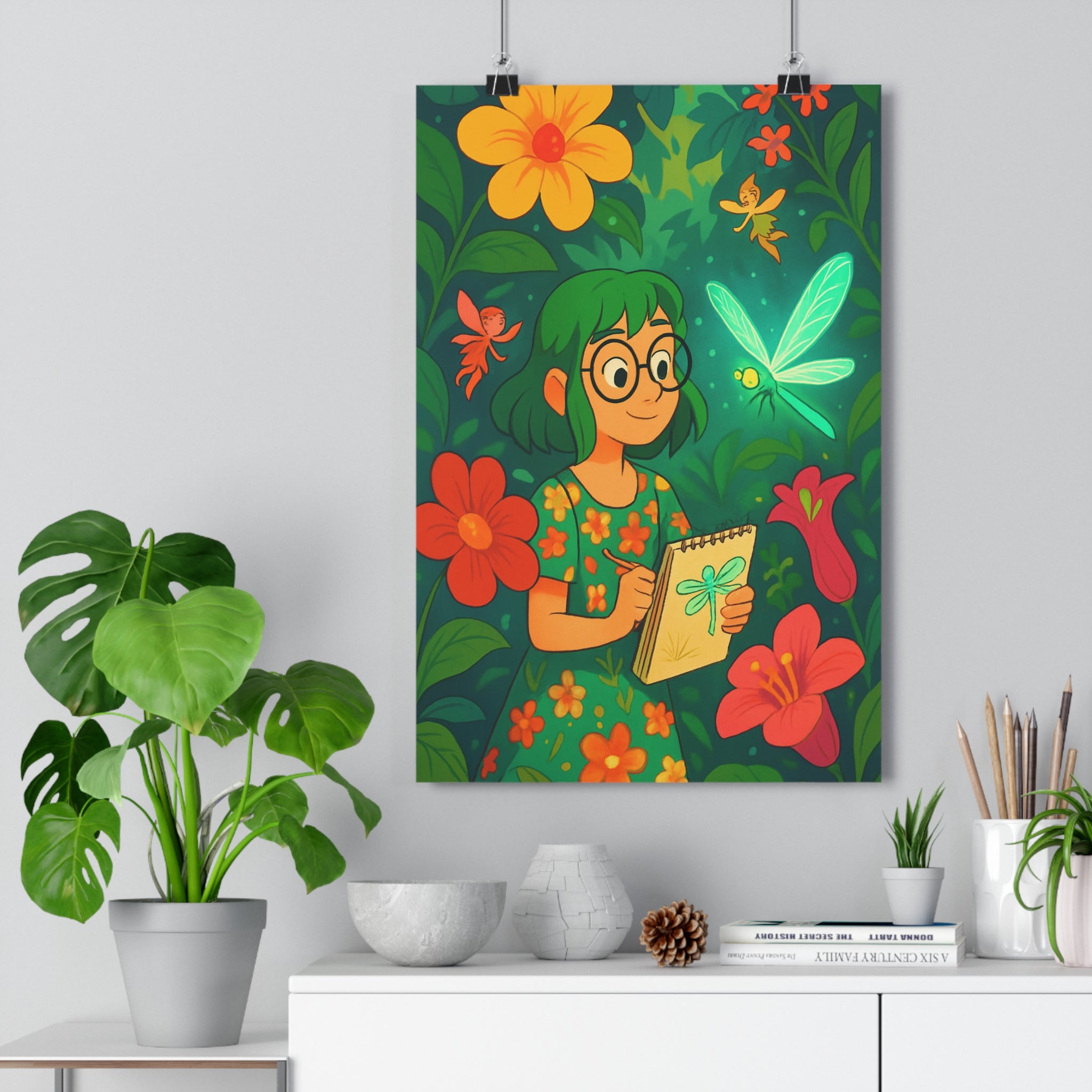 Poster décoratif enchanté nature féerique vert orange rose chambre bureau magique paisible fées croquis