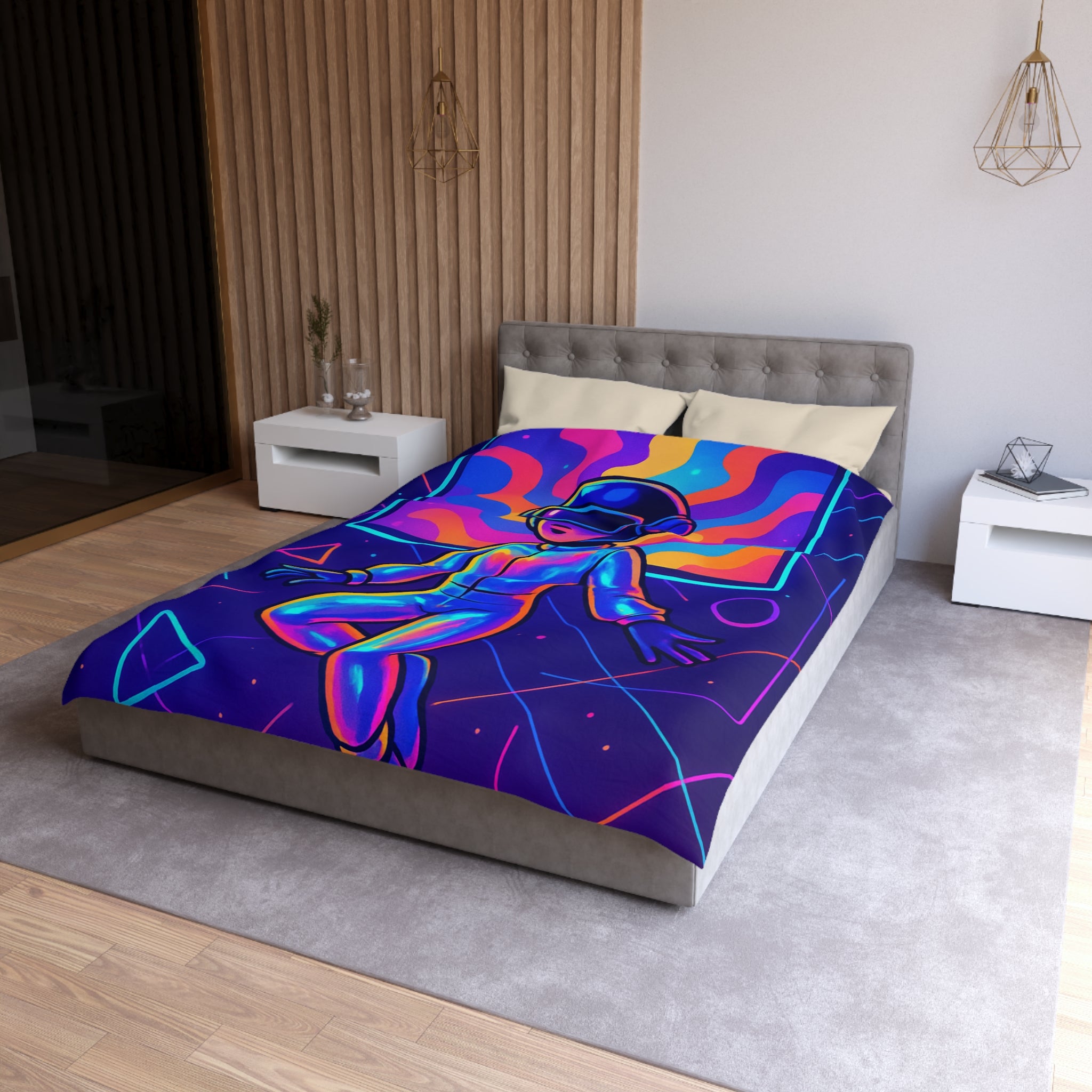 Housse de Couette Surréaliste avec Cosmonautes et Vagues Multicolores en Arrière-Plan