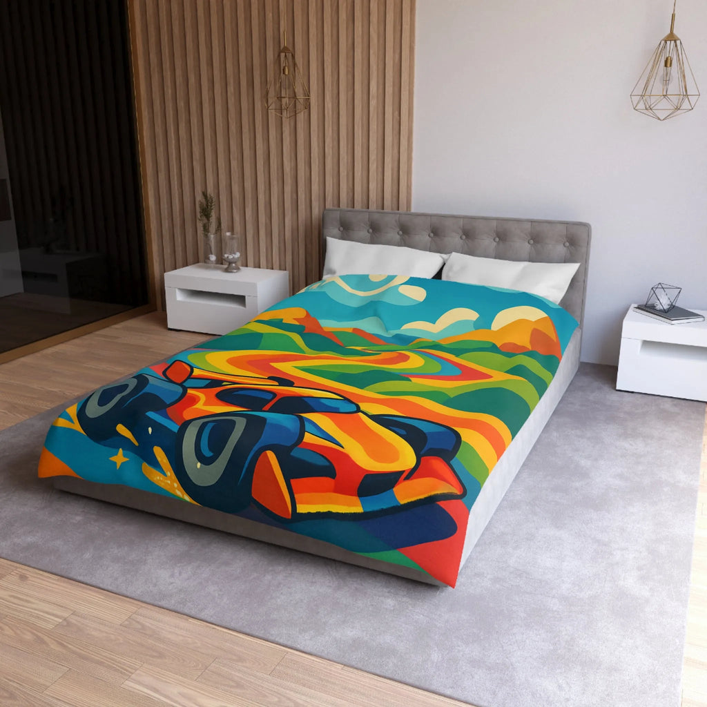 Housse de Couette Colorée avec Voiture de Course et Collines Arc-en-ciel Ensoleillées