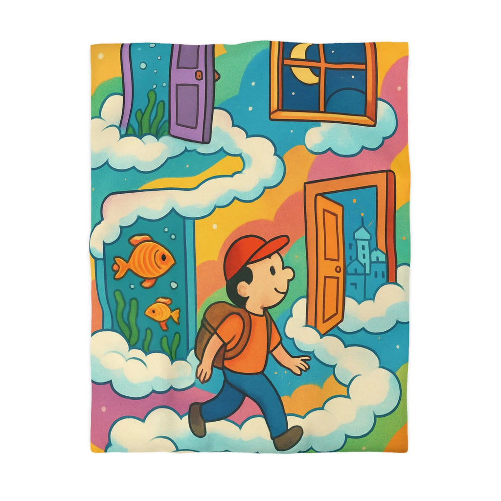 Housse de couette colorée avec portes magiques, nuages et aventure pour enfants rêveurs