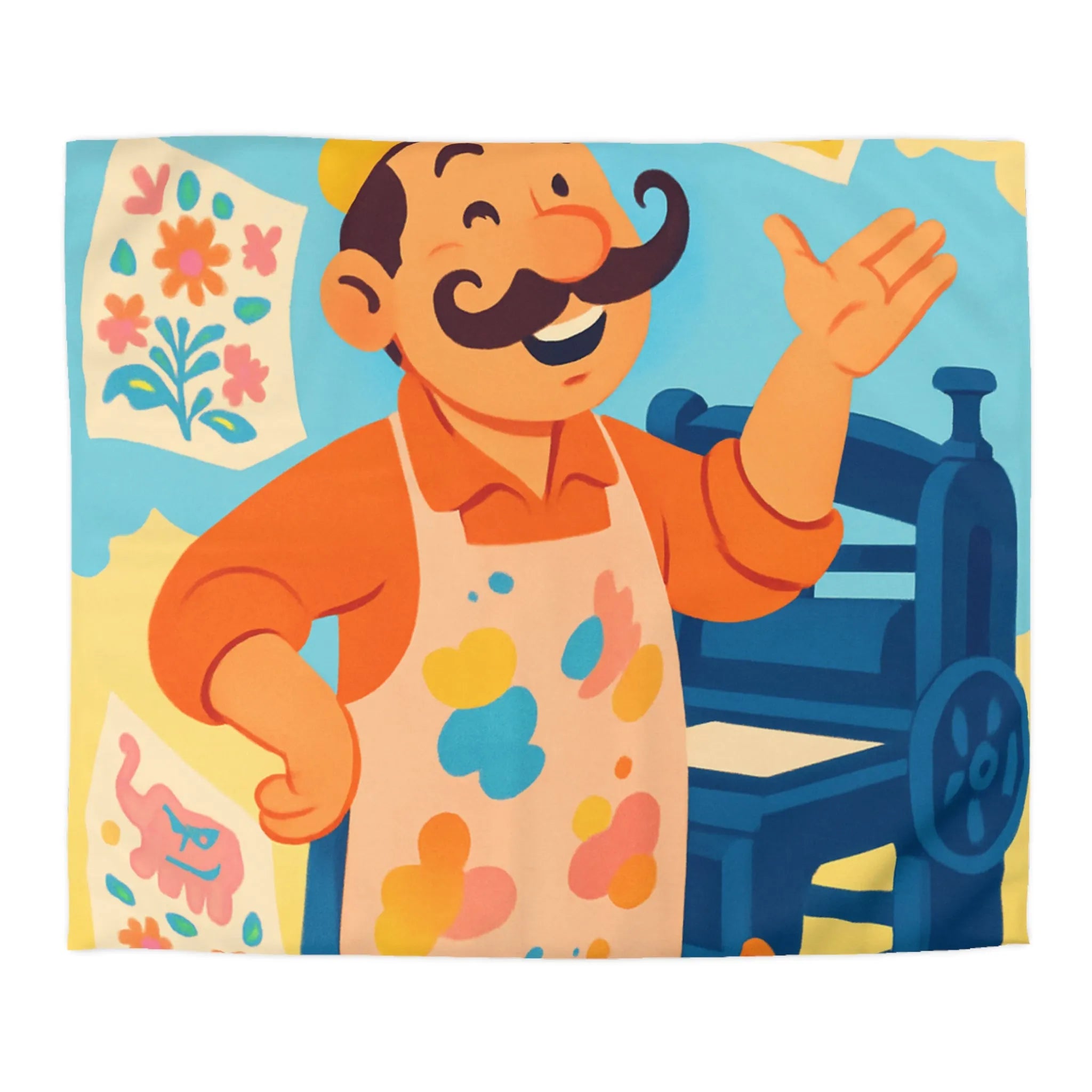 Housse de couette colorée avec artiste moustachu, chat orange et imprimés joyeux
