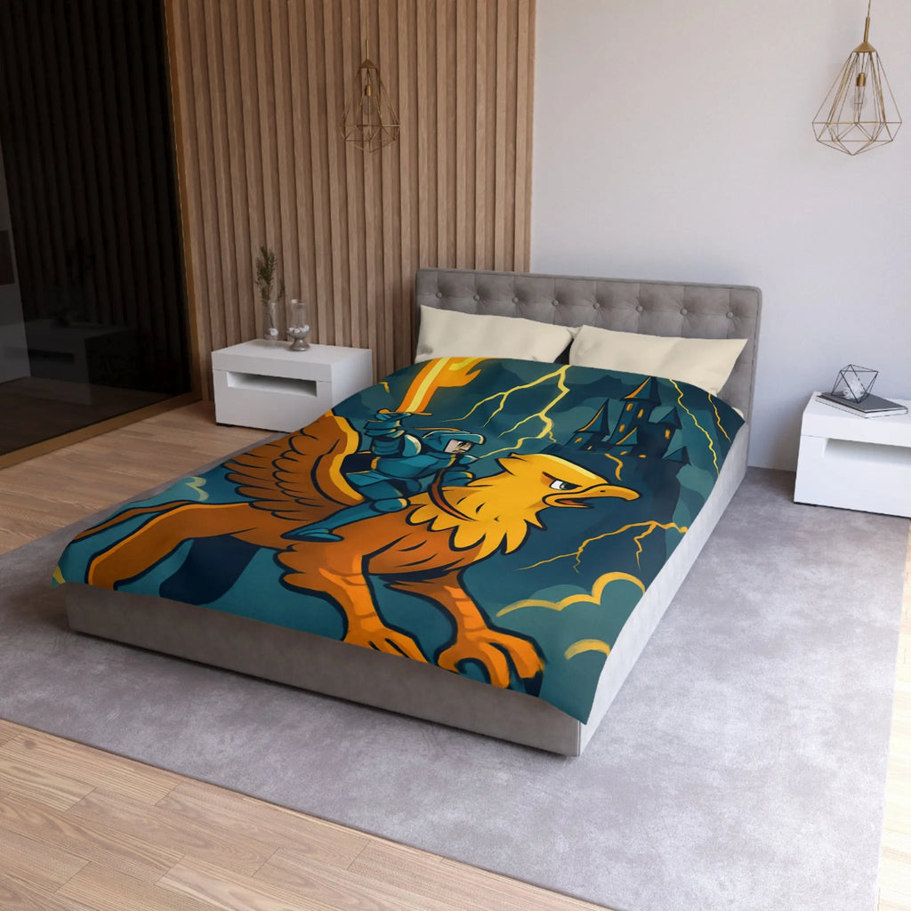 Housse de Couette Fantaisie avec Chevalier et Griffon Volant Devant Château Mystérieux