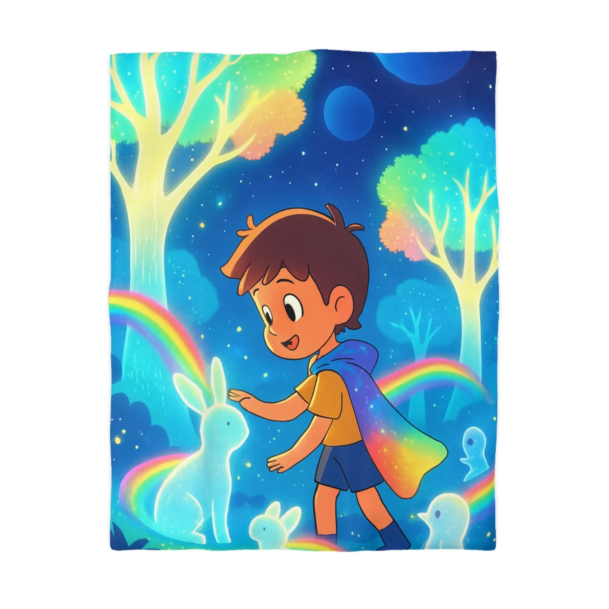 Housse de couette enfantine aux créatures lumineuses et arcs-en-ciel dans forêt enchantée