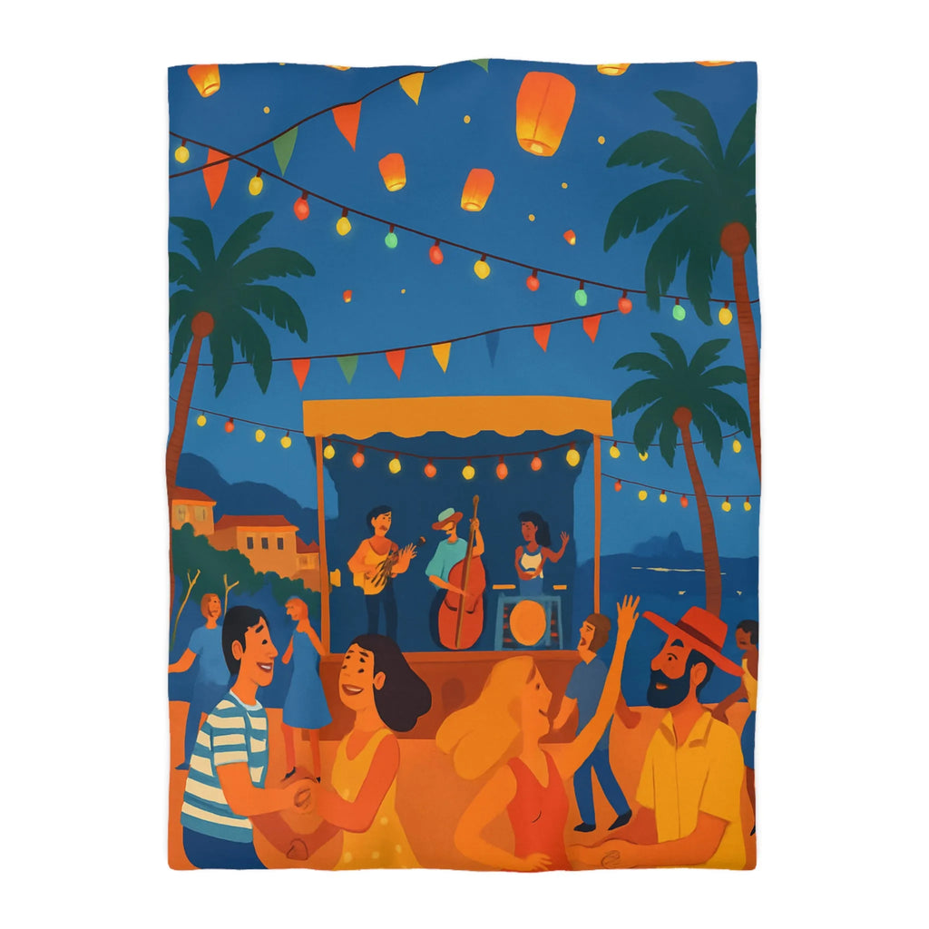 Housse de couette estivale scène festivale tropicale avec danseurs et lanternes lumineuses