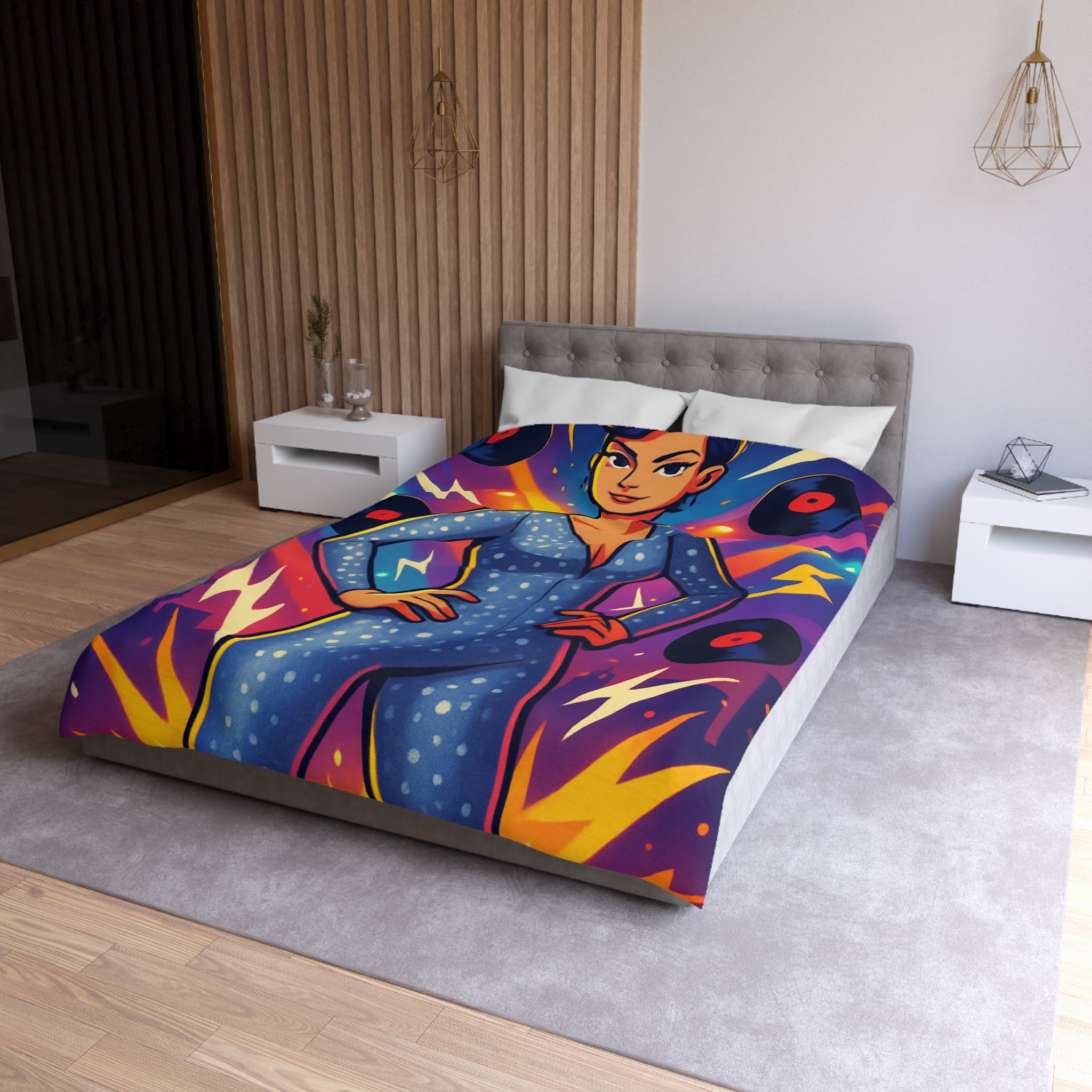 Housse de Couette Thématique Musique Vintage avec Femme dans Combinaison Étoilée Scintillante