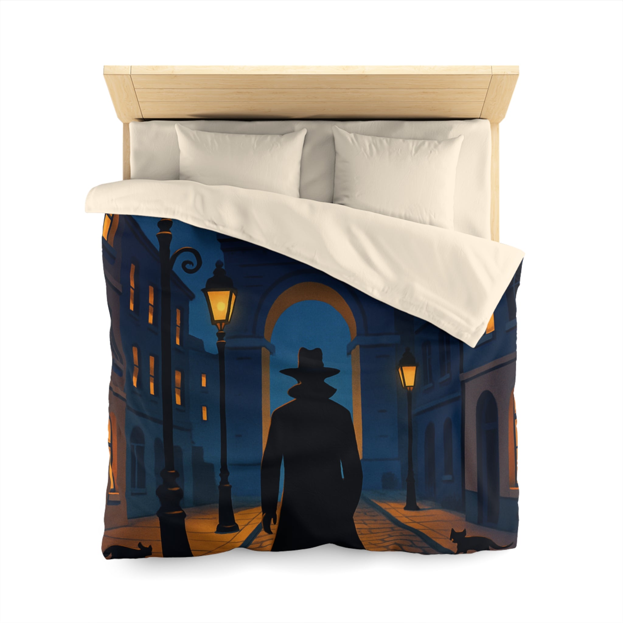 Housse de couette noire mystérieuse, silhouette d'homme avec chats et lampadaires nocturnes