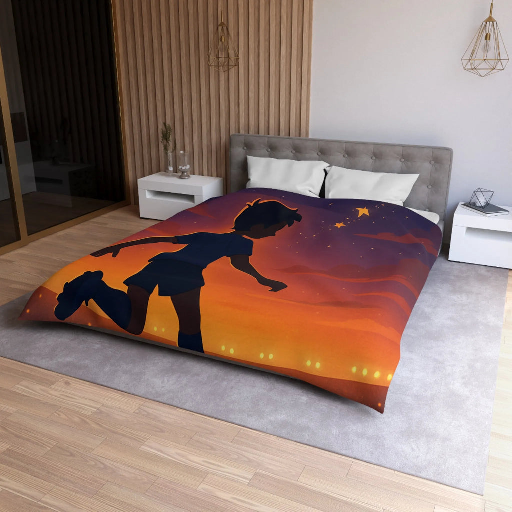 Housse de couette illustrée de garçon jouant au football sous un ciel étoilé inspirant
