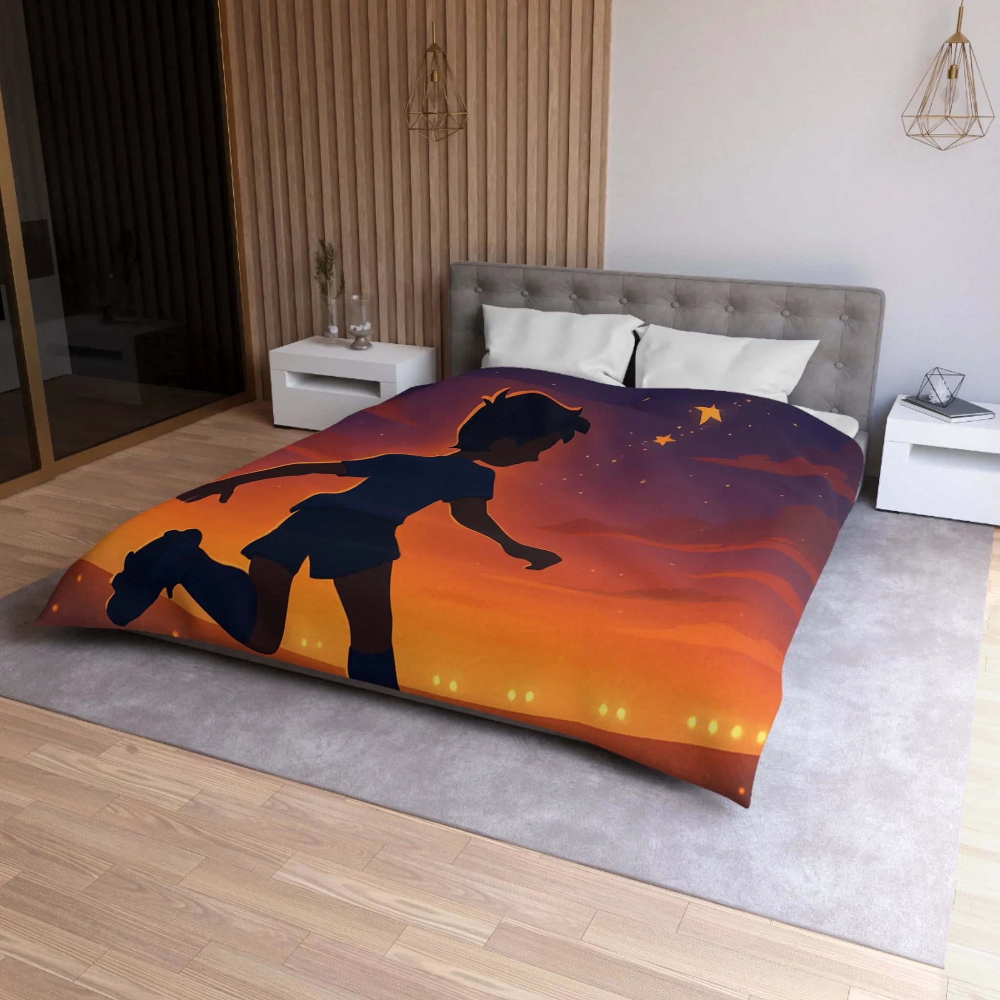 Housse de couette illustrée de garçon jouant au football sous un ciel étoilé inspirant