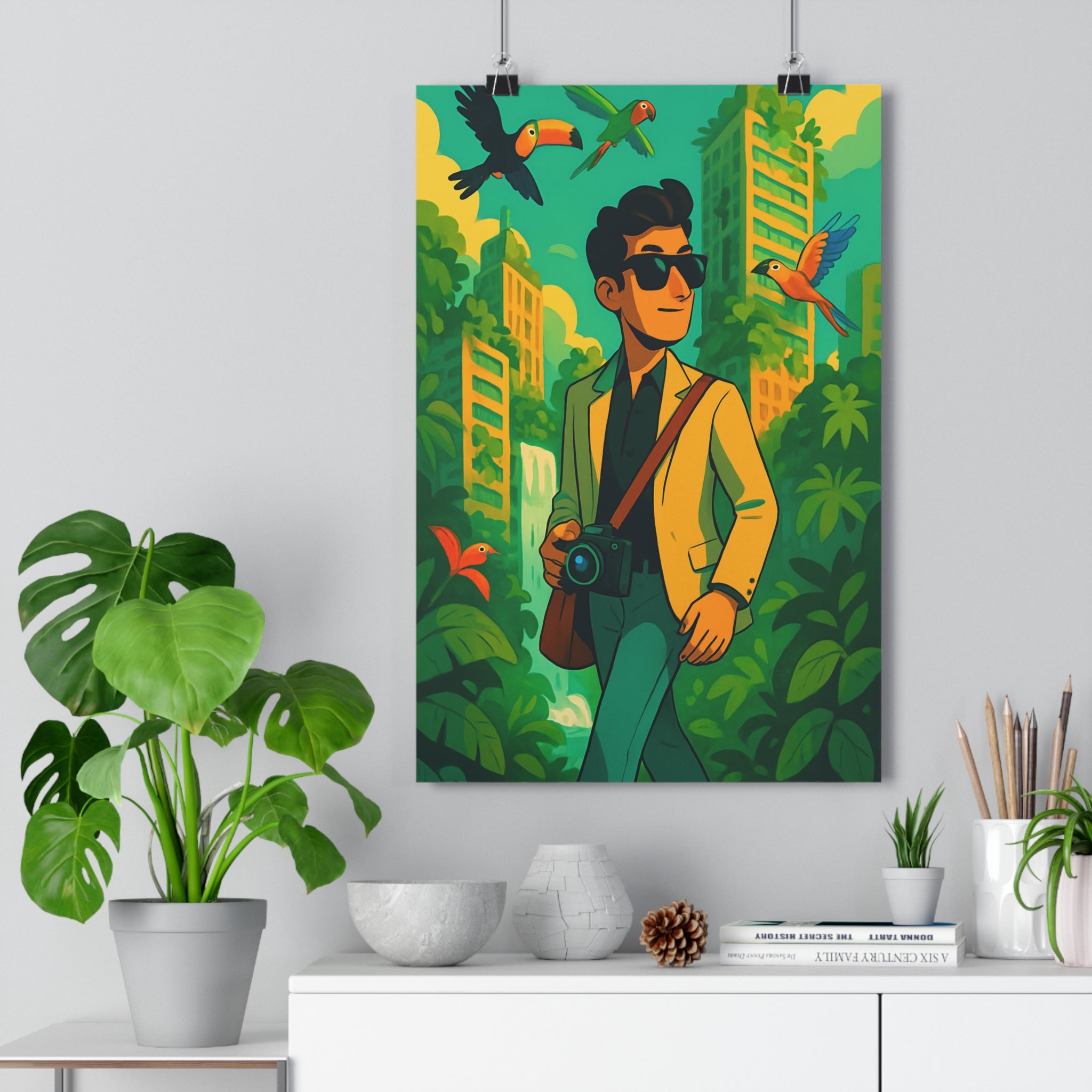 Poster décoratif moderne safari urbain vert jaune bleu aventure salon chambre élégant tendance dynamique