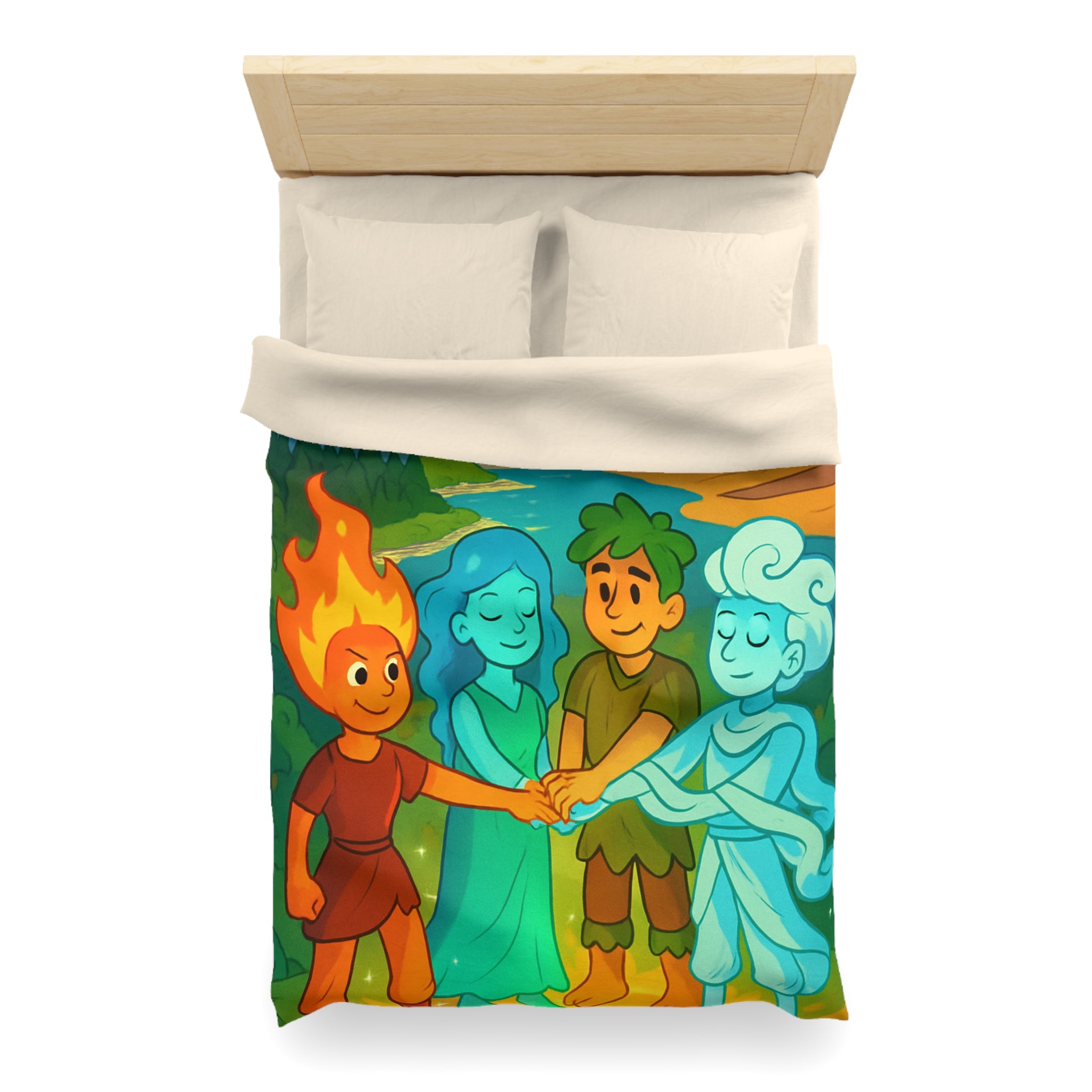 Housse de Couette Nature Enchantée avec Éléments Terre, Feu, Air et Eau Unifiés