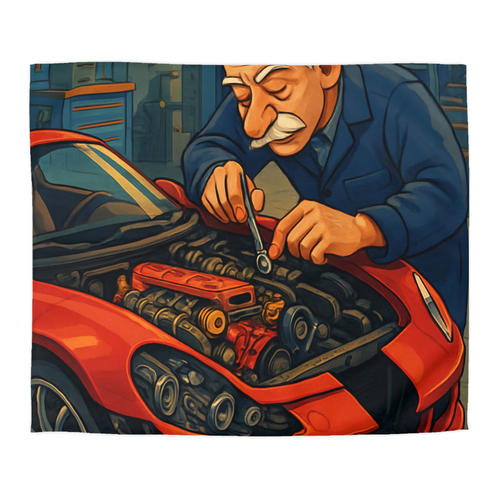 Housse de couette voiture rouge et mécanicien dans garage rétro pour chambre unique