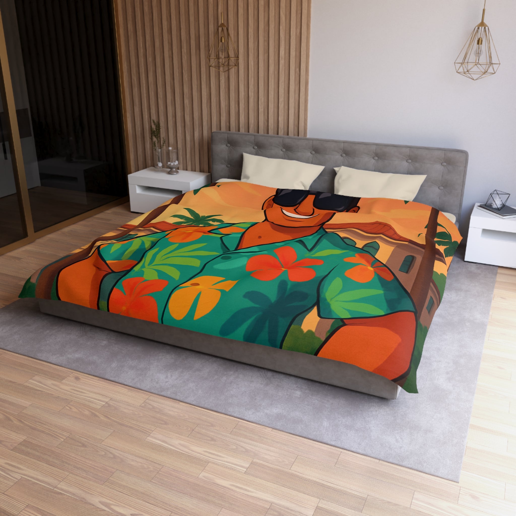 Housse de couette tropicale avec personnage souriant en chemise hawaïenne et palmiers